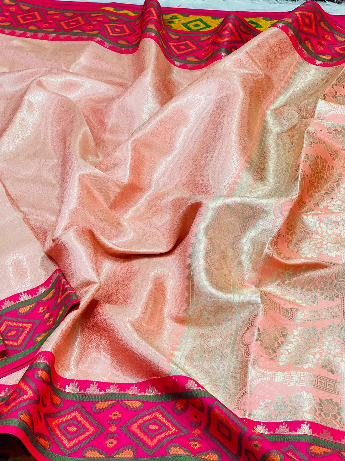 Peach Pink Kanjivaram Patola Silk Saree