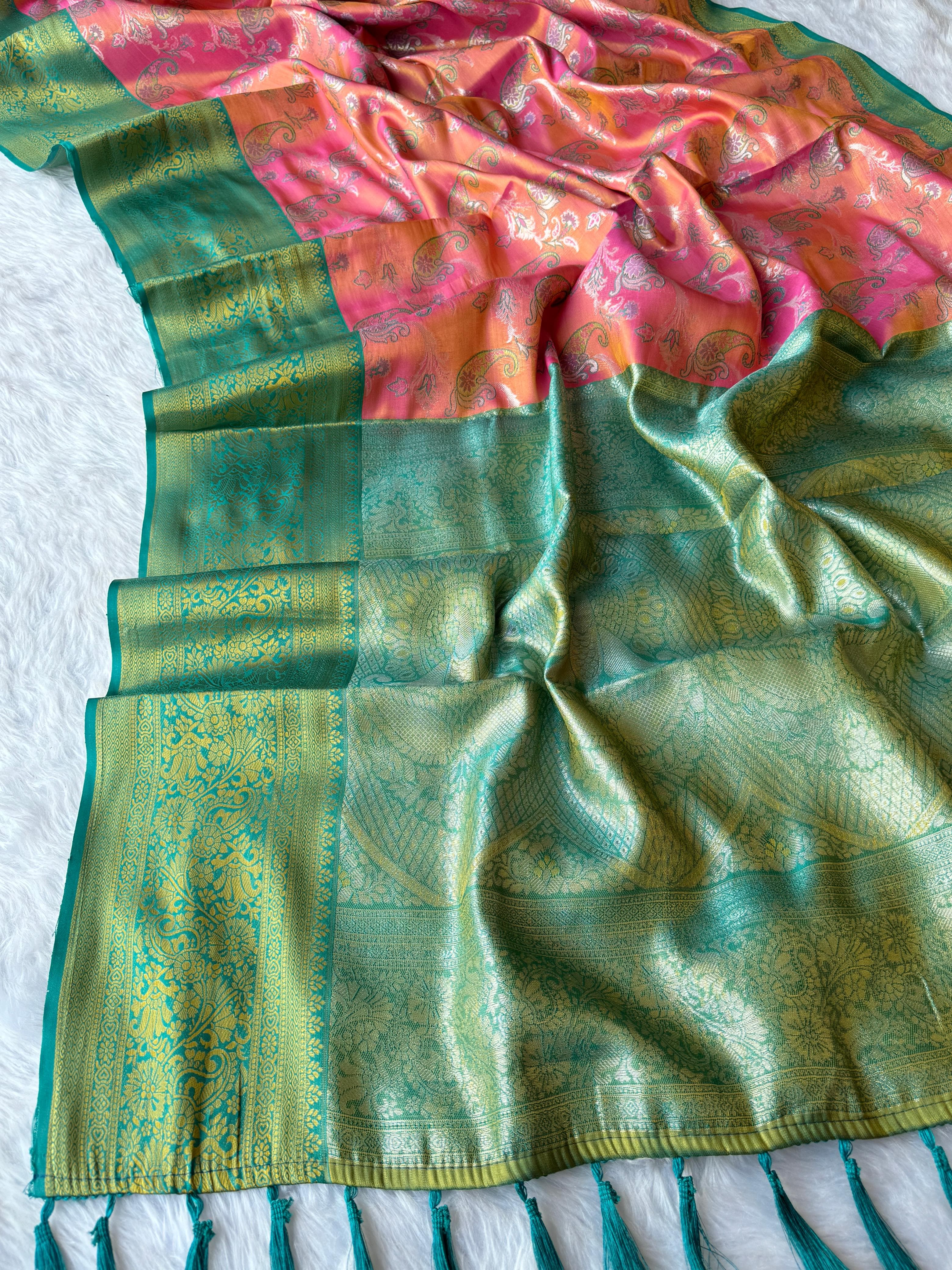 Peachy Pink Dharmavaram Soft Banarsi Tissue Saree