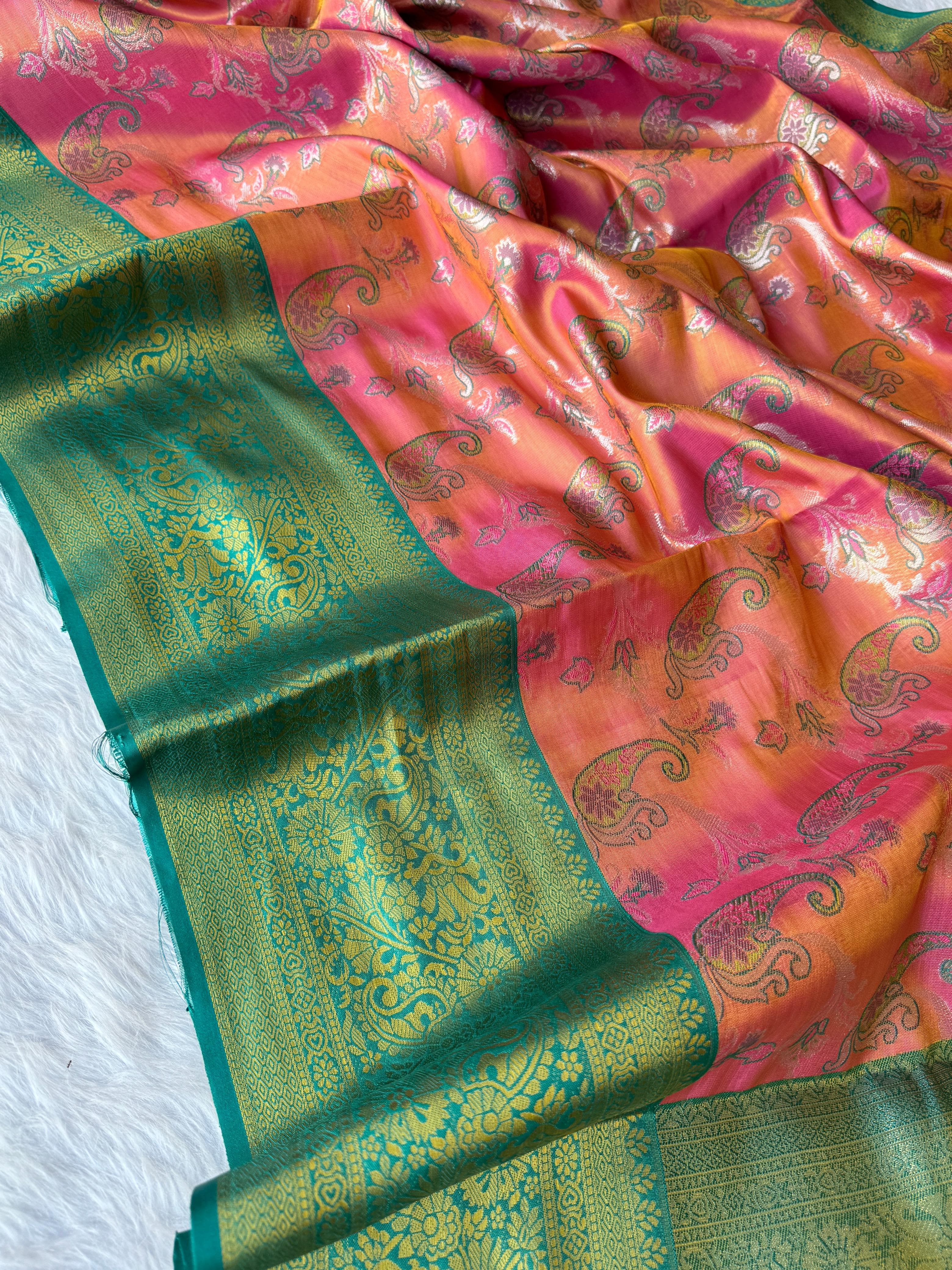 Peachy Pink Dharmavaram Soft Banarsi Tissue Saree