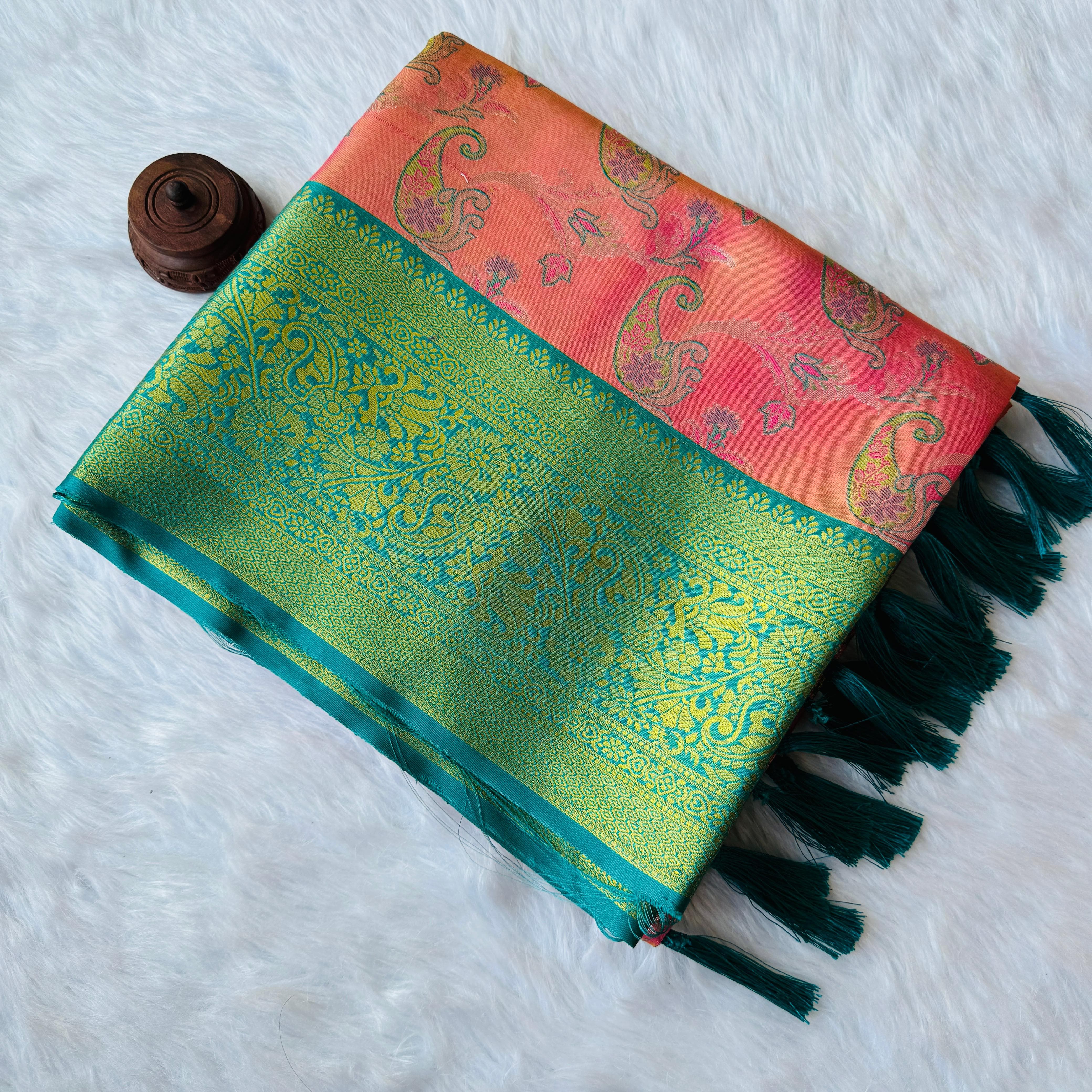 Peachy Pink Dharmavaram Soft Banarsi Tissue Saree