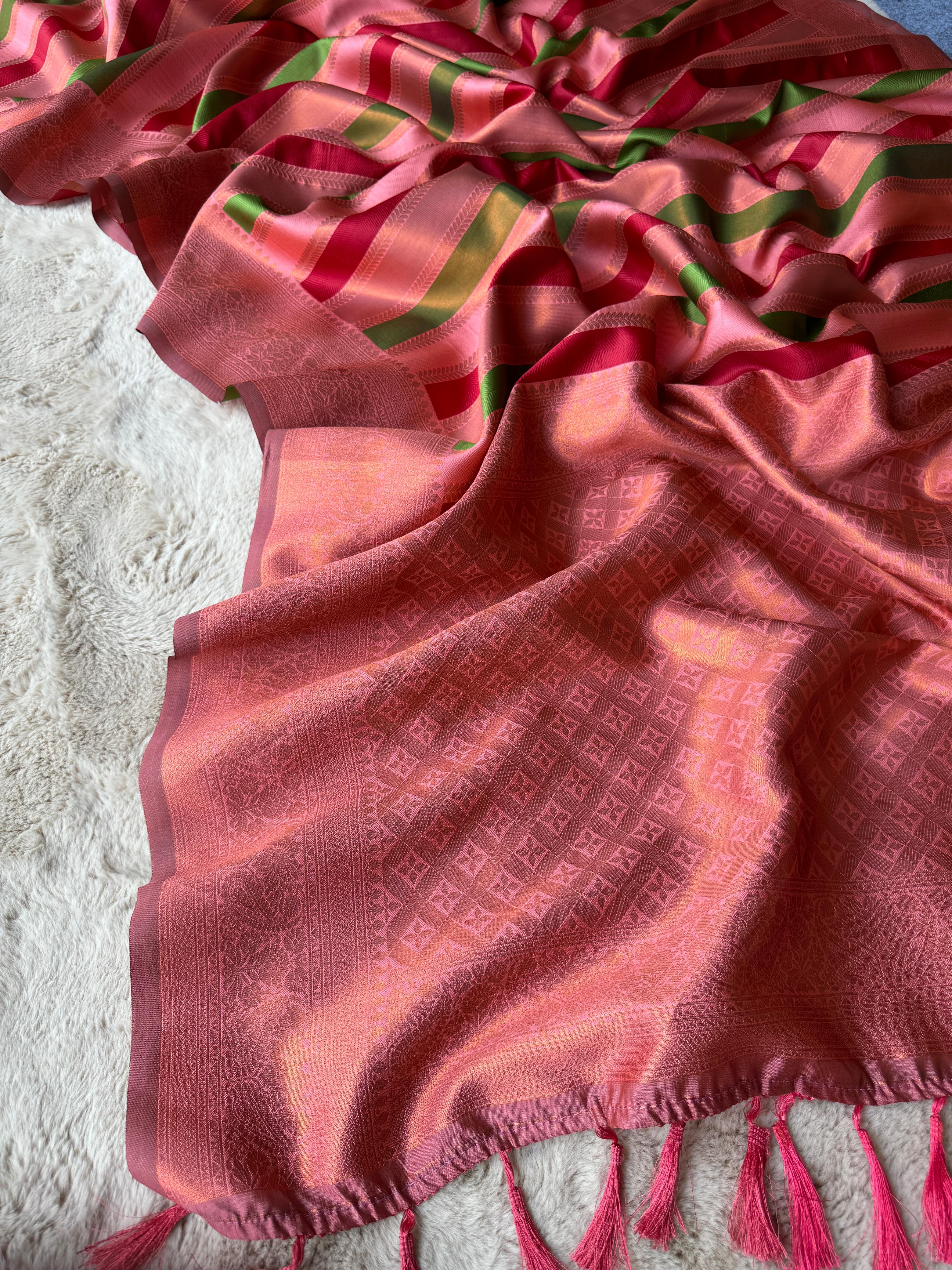 Peachy Pink Pure Soft Semi Kanjivaram Pattu Silk Saree