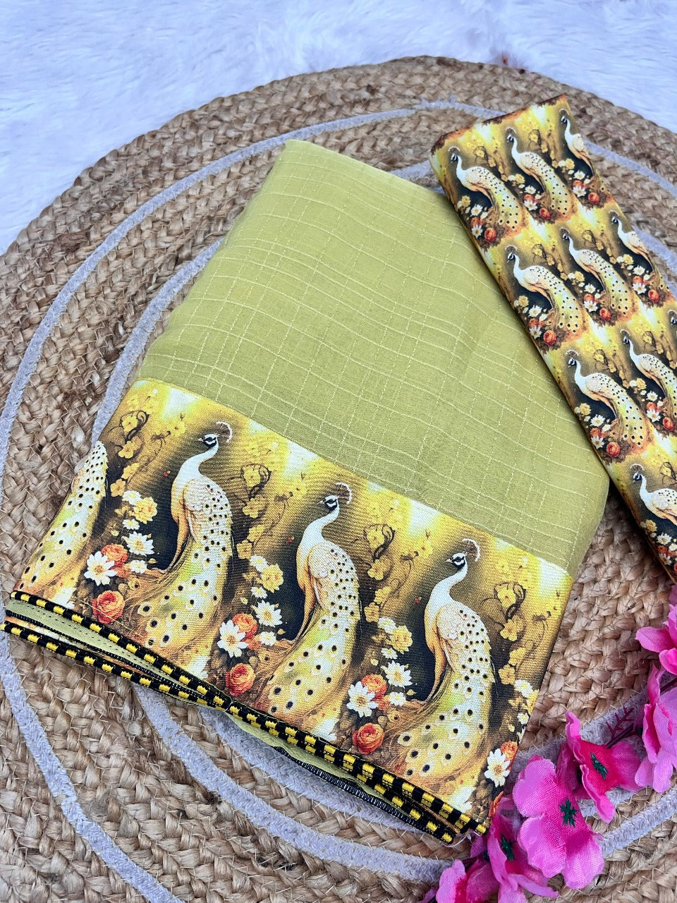 Peacock Kalamkari Chiffon Wrinkle Chex Saree