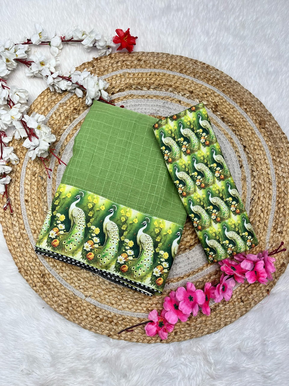 Peacock Kalamkari Chiffon Wrinkle Chex Saree