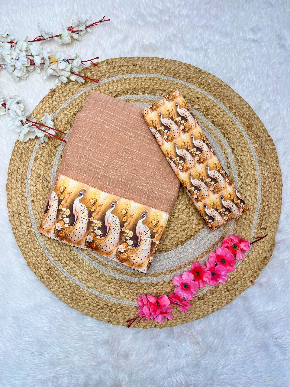 Peacock Kalamkari Chiffon Wrinkle Chex Saree