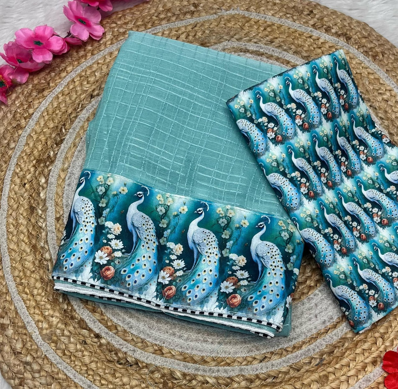 Peacock Kalamkari Chiffon Wrinkle Chex Saree