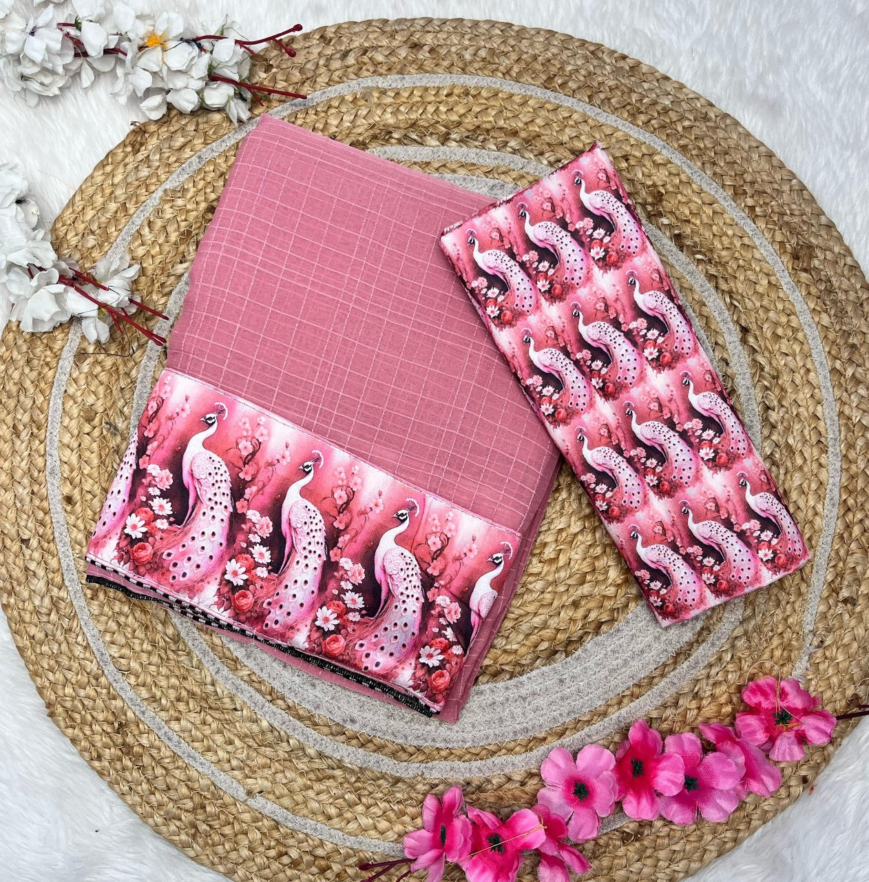 Peacock Kalamkari Chiffon Wrinkle Chex Saree