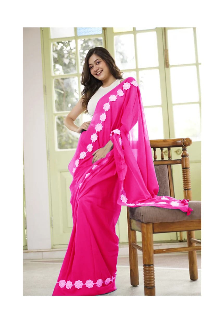 Pink Red Georgette Fancy Lace Attech Saree