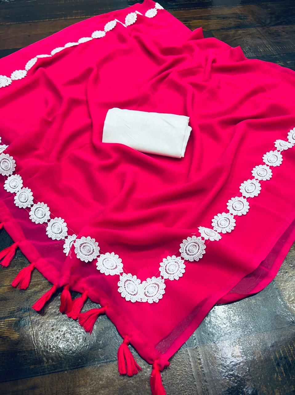 Pink Red Georgette Fancy Lace Attech Saree