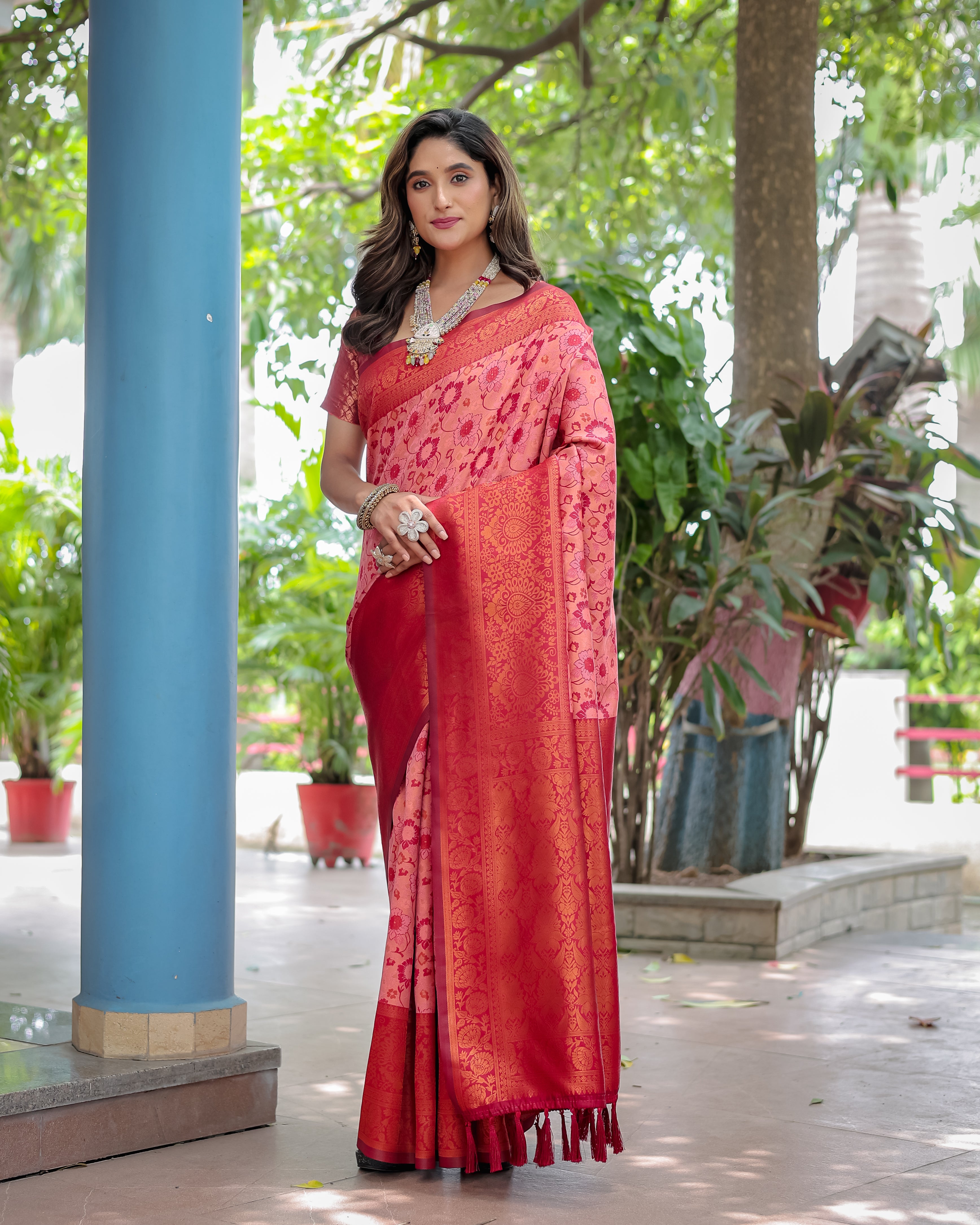 Pink and Peach Designer Tassels Banarsi Silk Saree