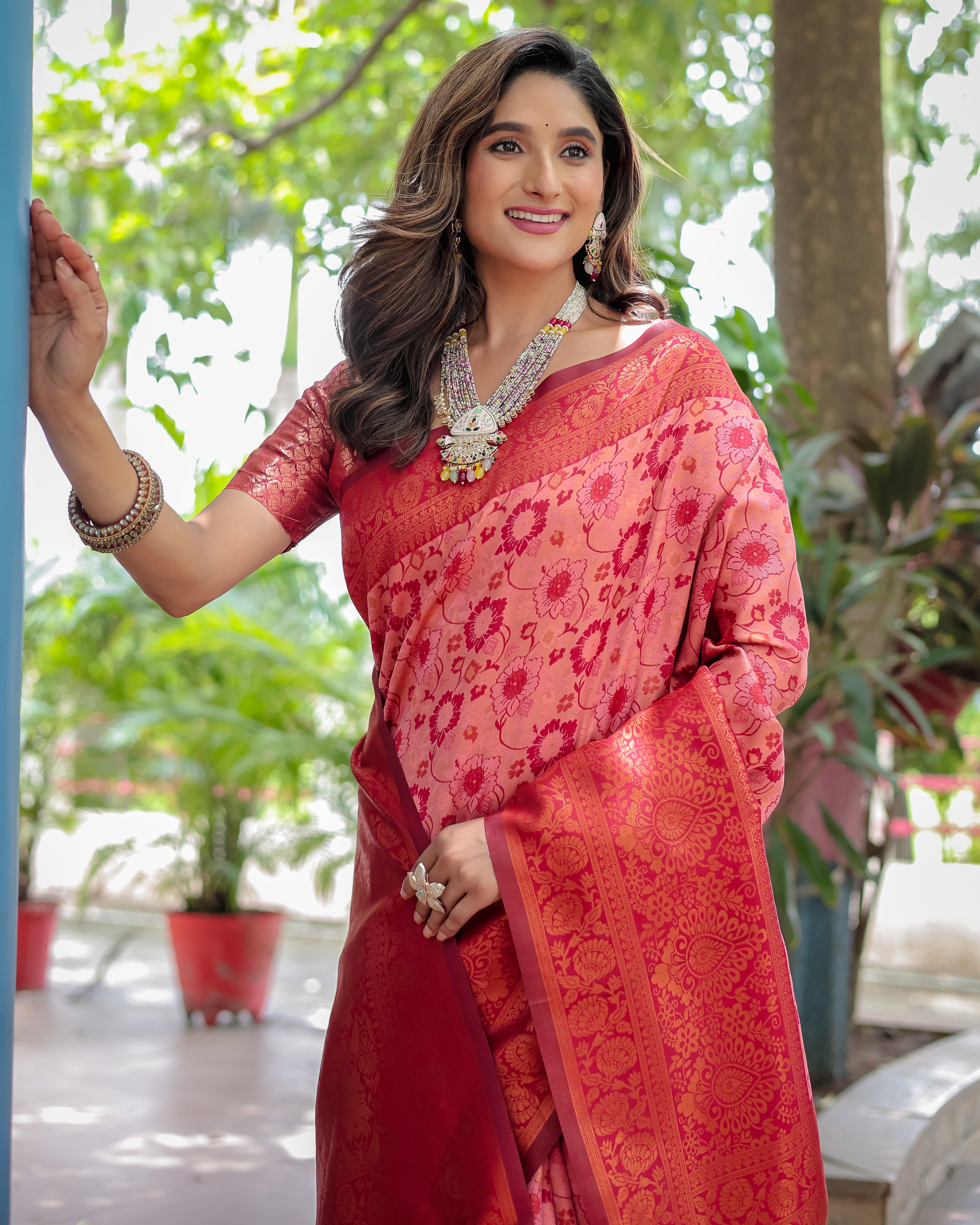 Pink and Peach Designer Tassels Banarsi Silk Saree