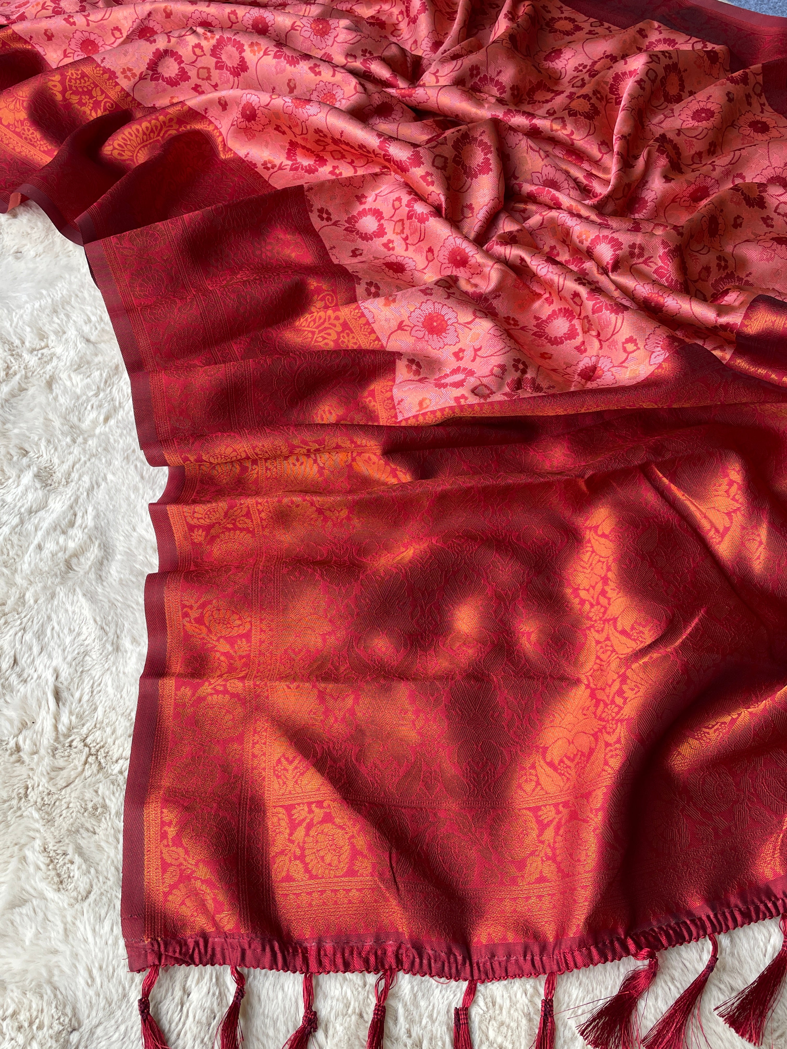 Pink and Peach Designer Tassels Banarsi Silk Saree