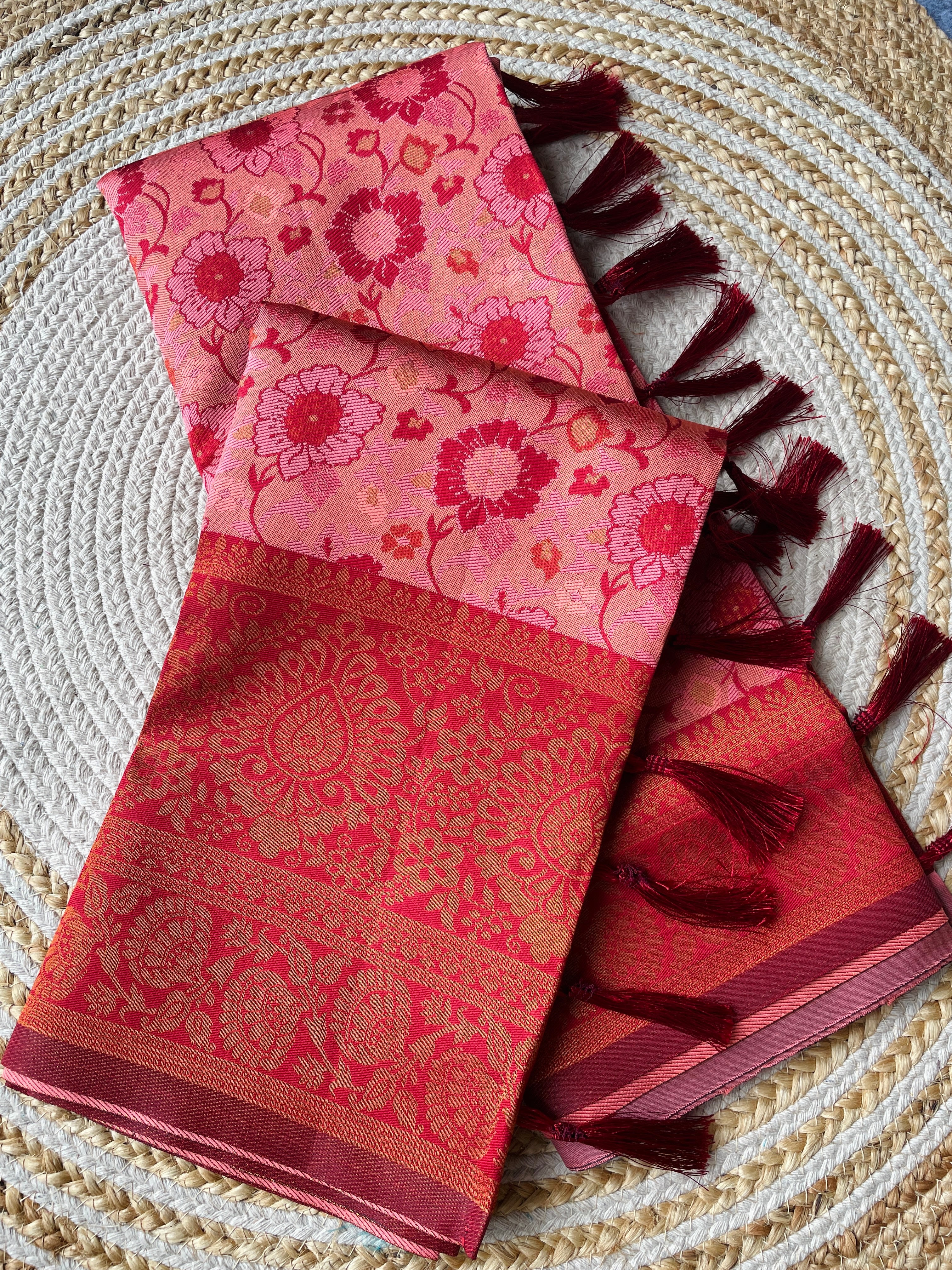 Pink and Peach Designer Tassels Banarsi Silk Saree