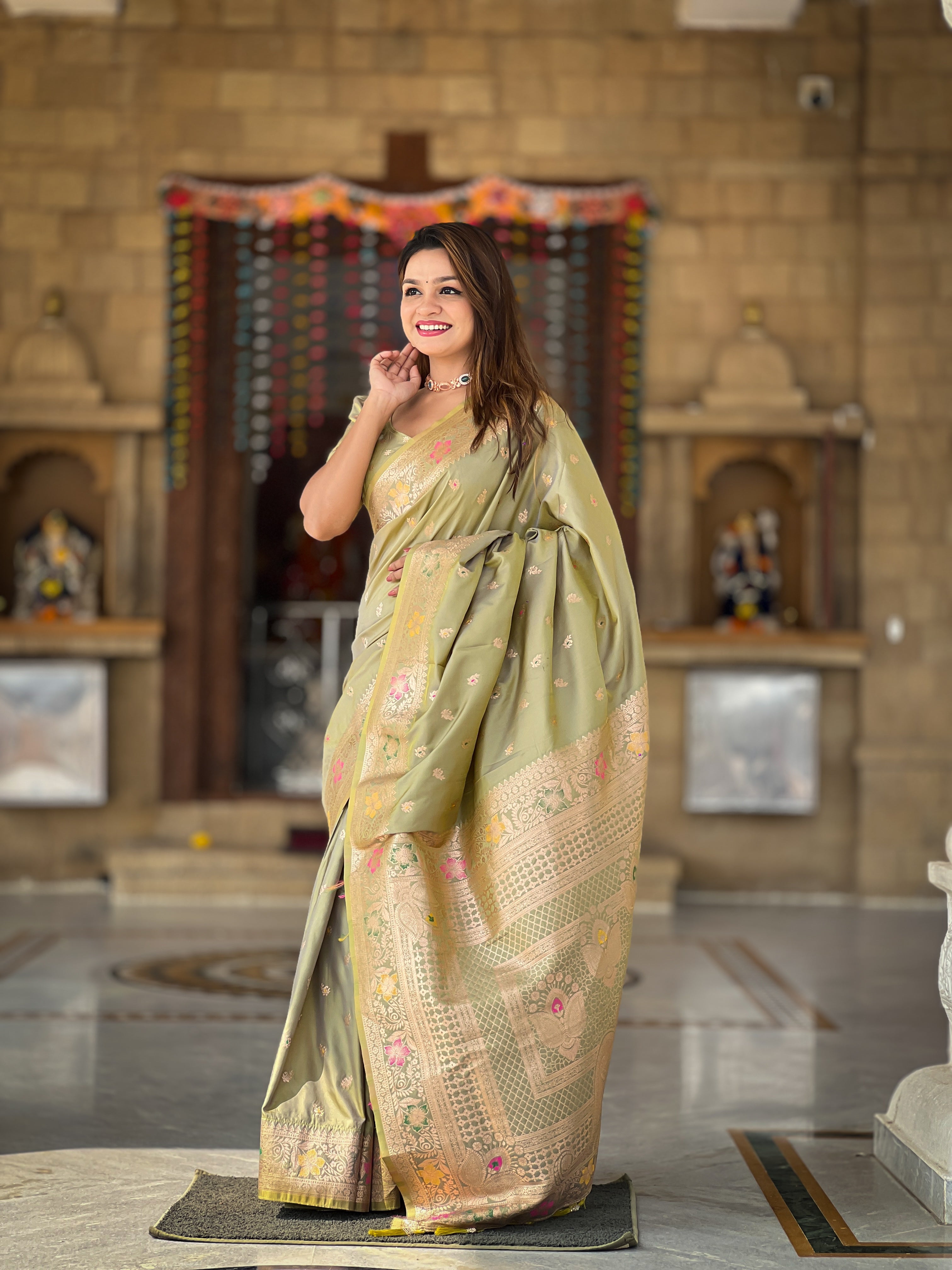 Pista Green Soft Banarasi Silk Saree With Zari Weaving Meenakari