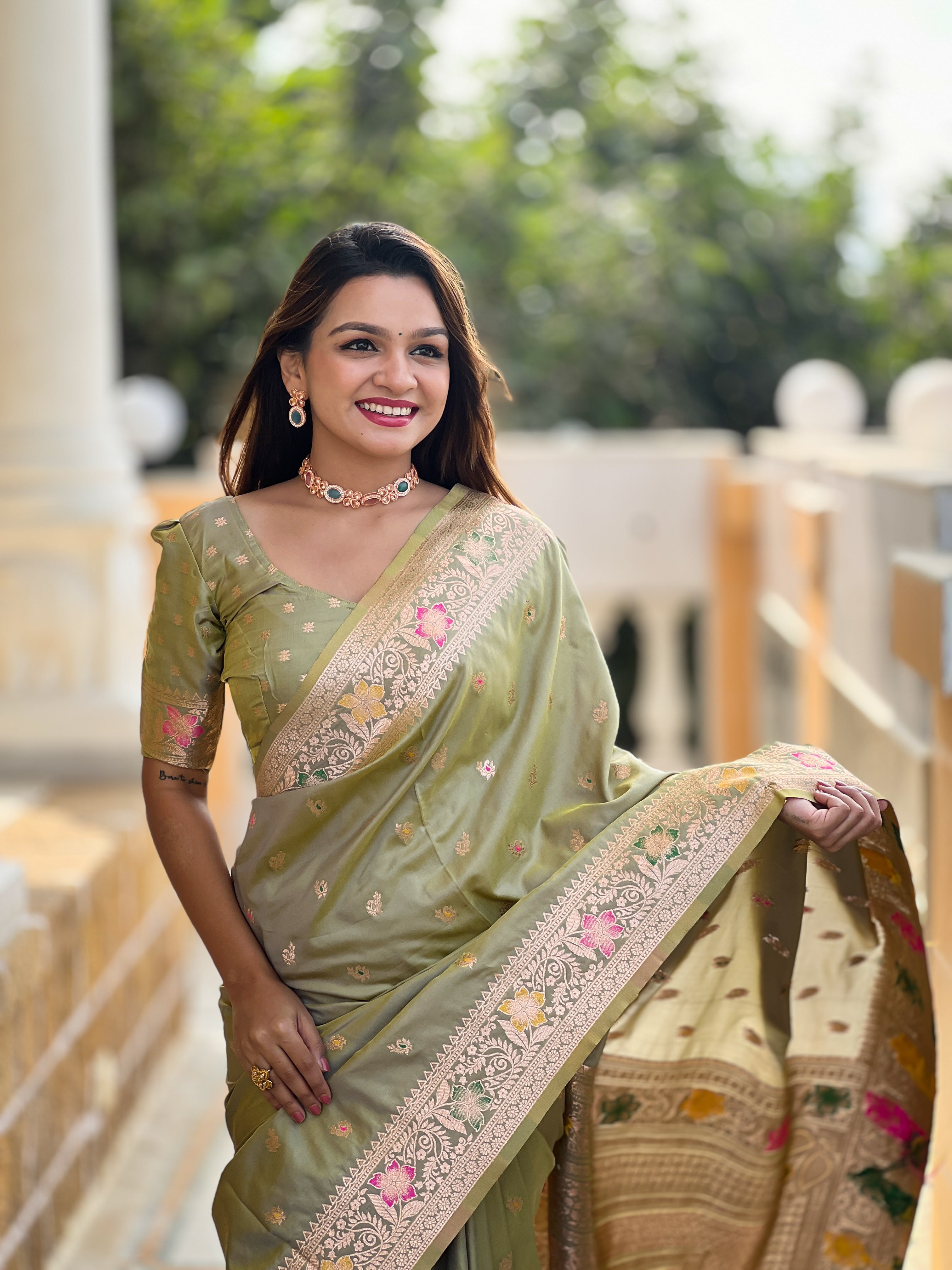 Pista Green Soft Banarasi Silk Saree With Zari Weaving Meenakari