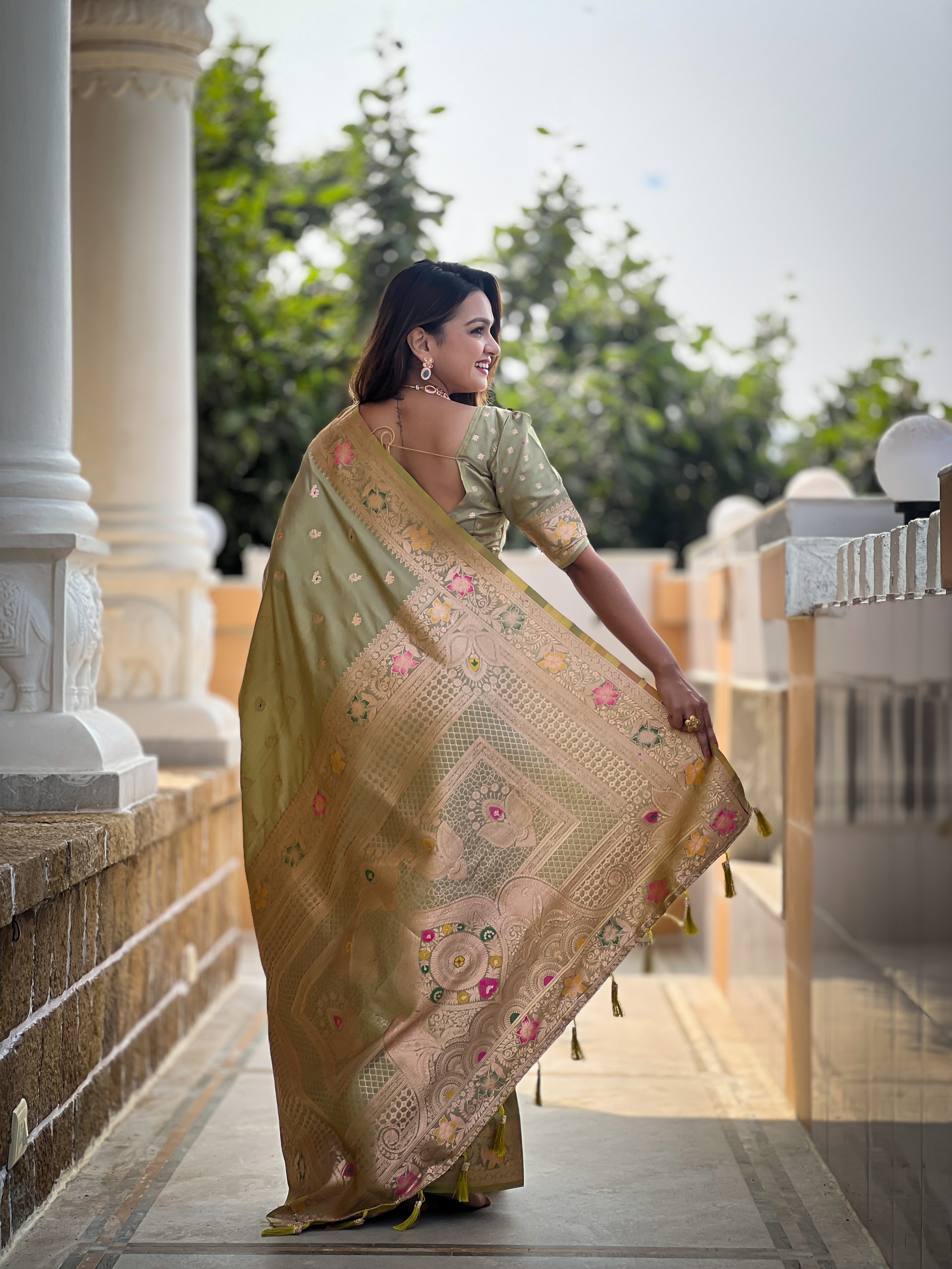 Pista Green Soft Banarasi Silk Saree With Zari Weaving Meenakari