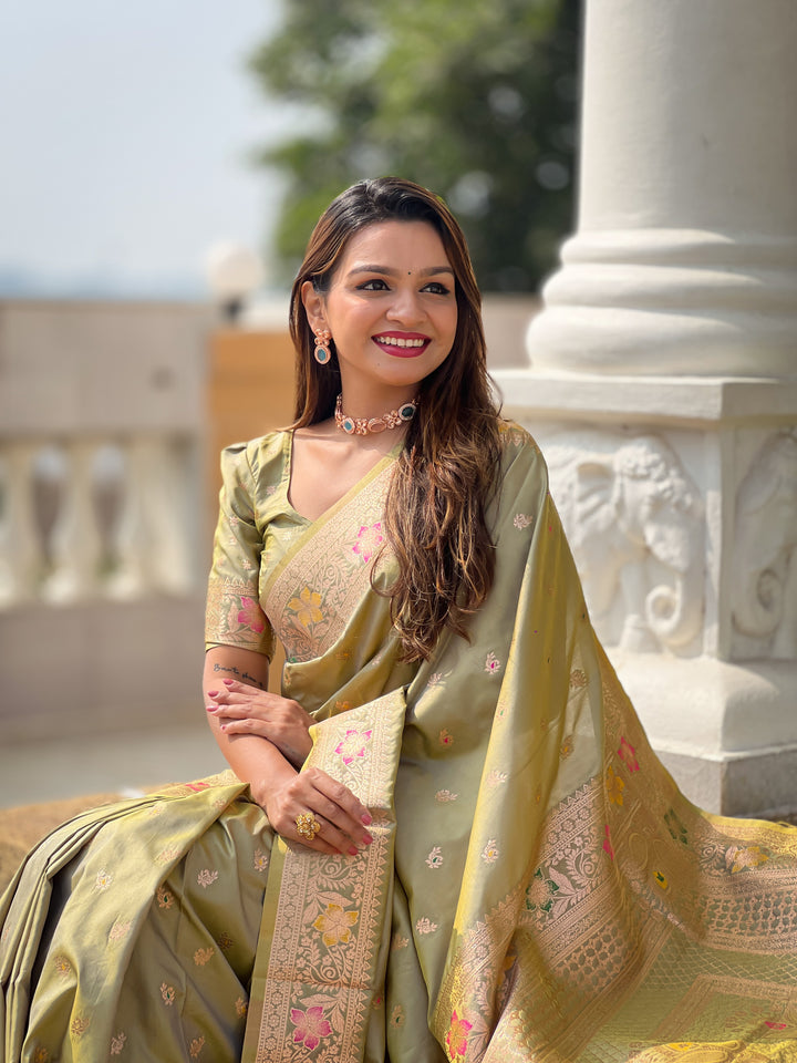 Pista Green Soft Banarasi Silk Saree With Zari Weaving Meenakari