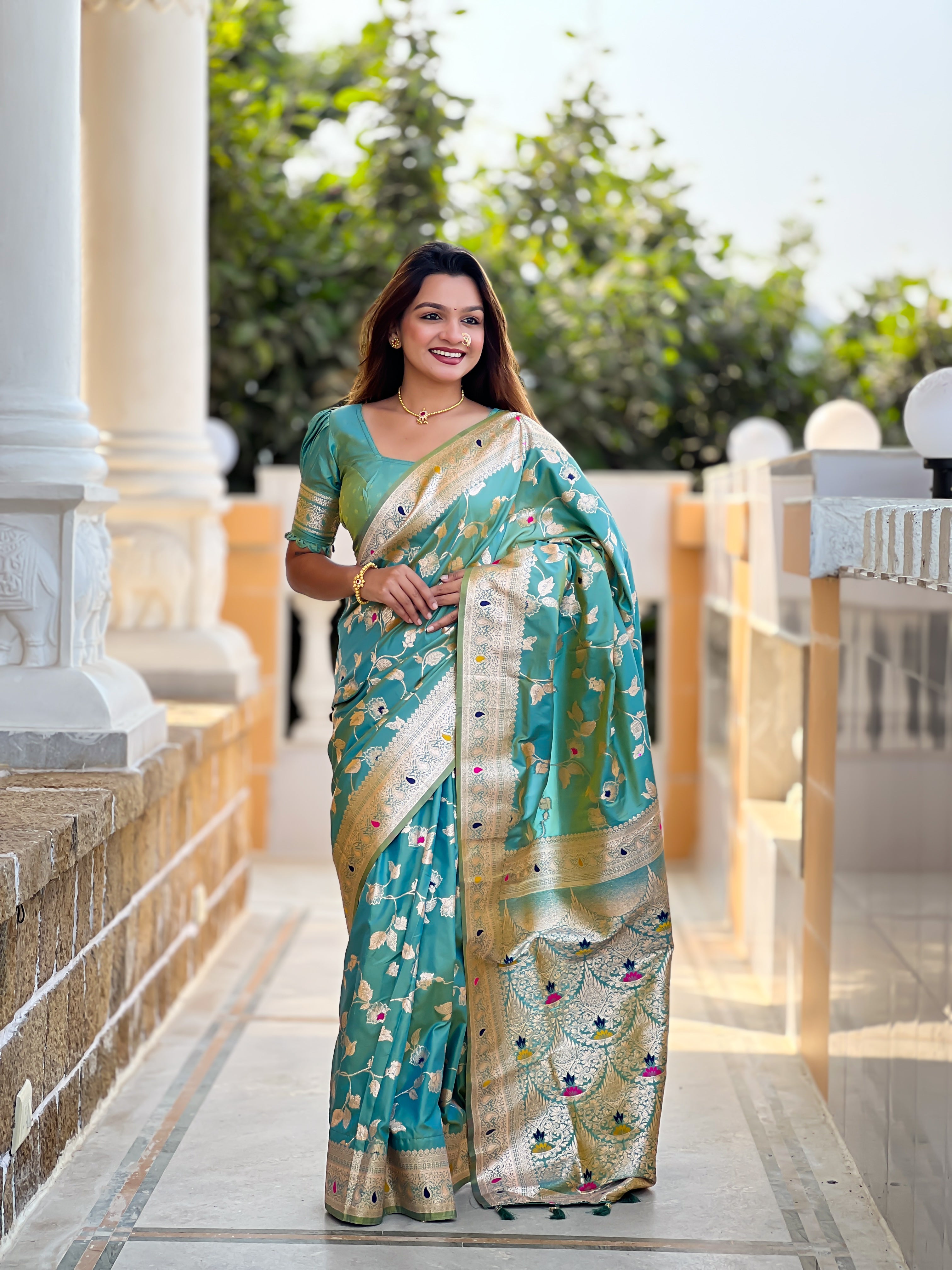 Pista Green Zari Embroidered Banarasi Silk Saree