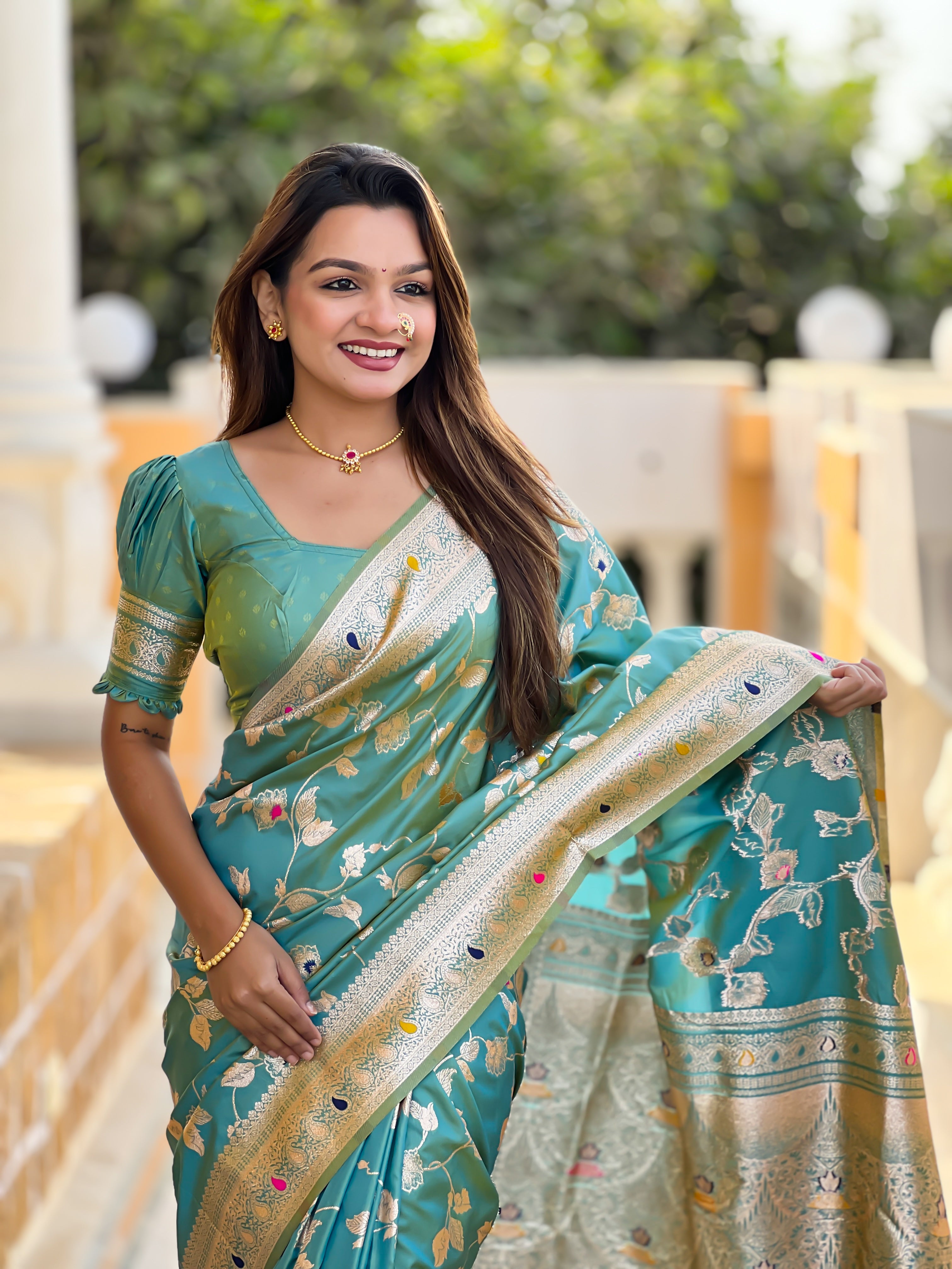 Pista Green Zari Embroidered Banarasi Silk Saree