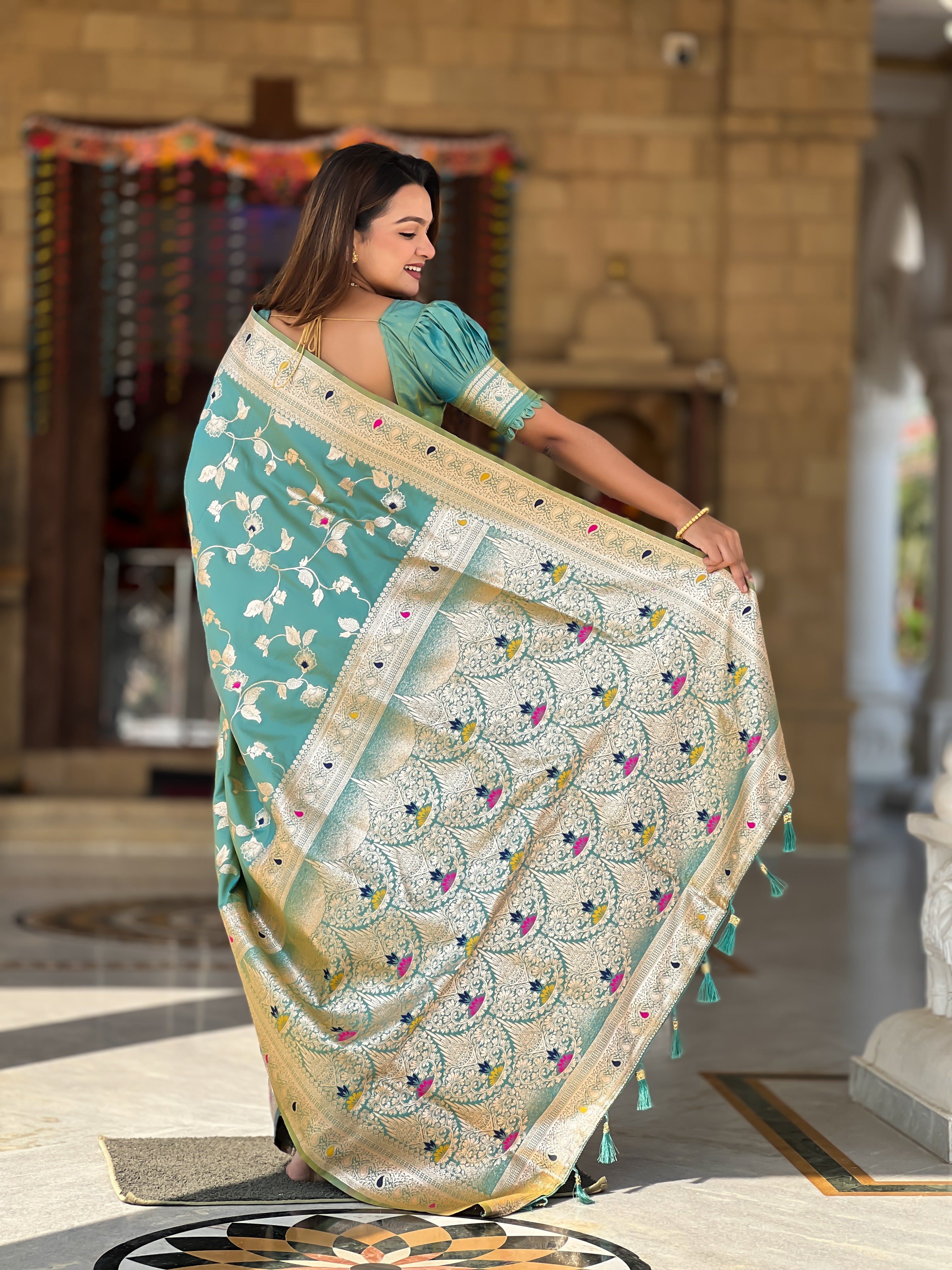 Pista Green Zari Embroidered Banarasi Silk Saree
