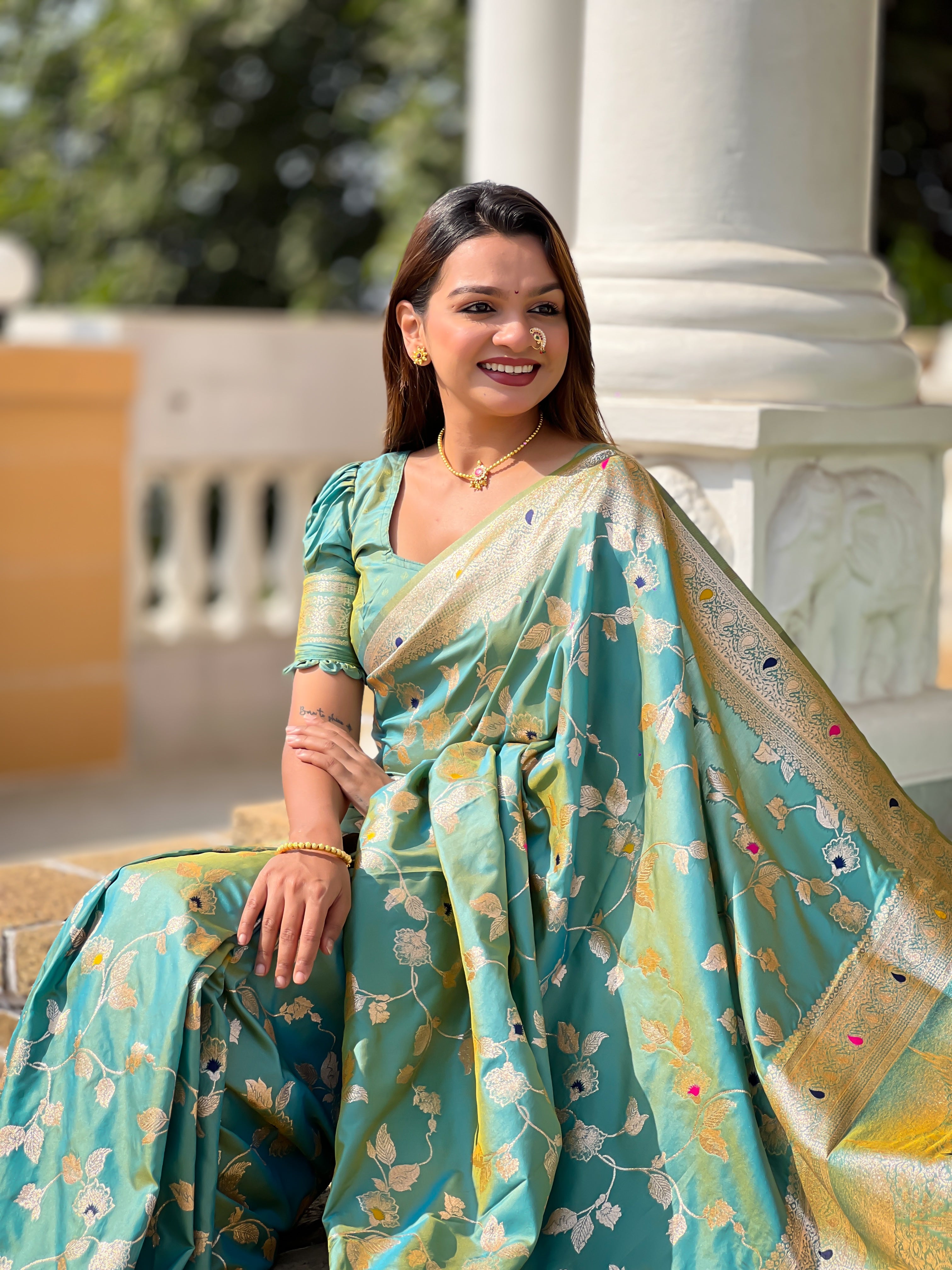Pista Green Zari Embroidered Banarasi Silk Saree