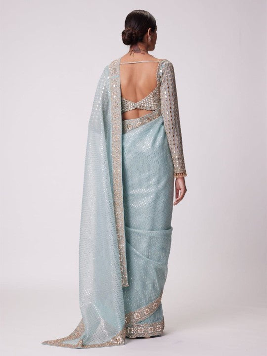 Powder Blue Georgette Saree With Embroidered Mirror Blouse