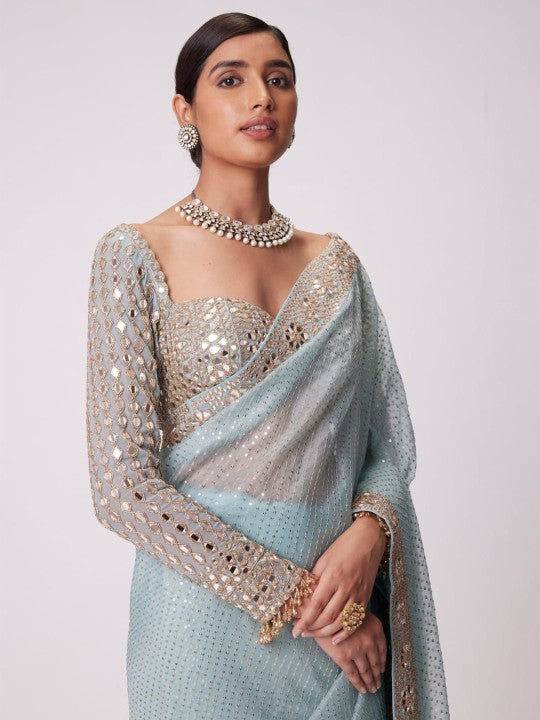 Powder Blue Georgette Saree With Embroidered Mirror Blouse