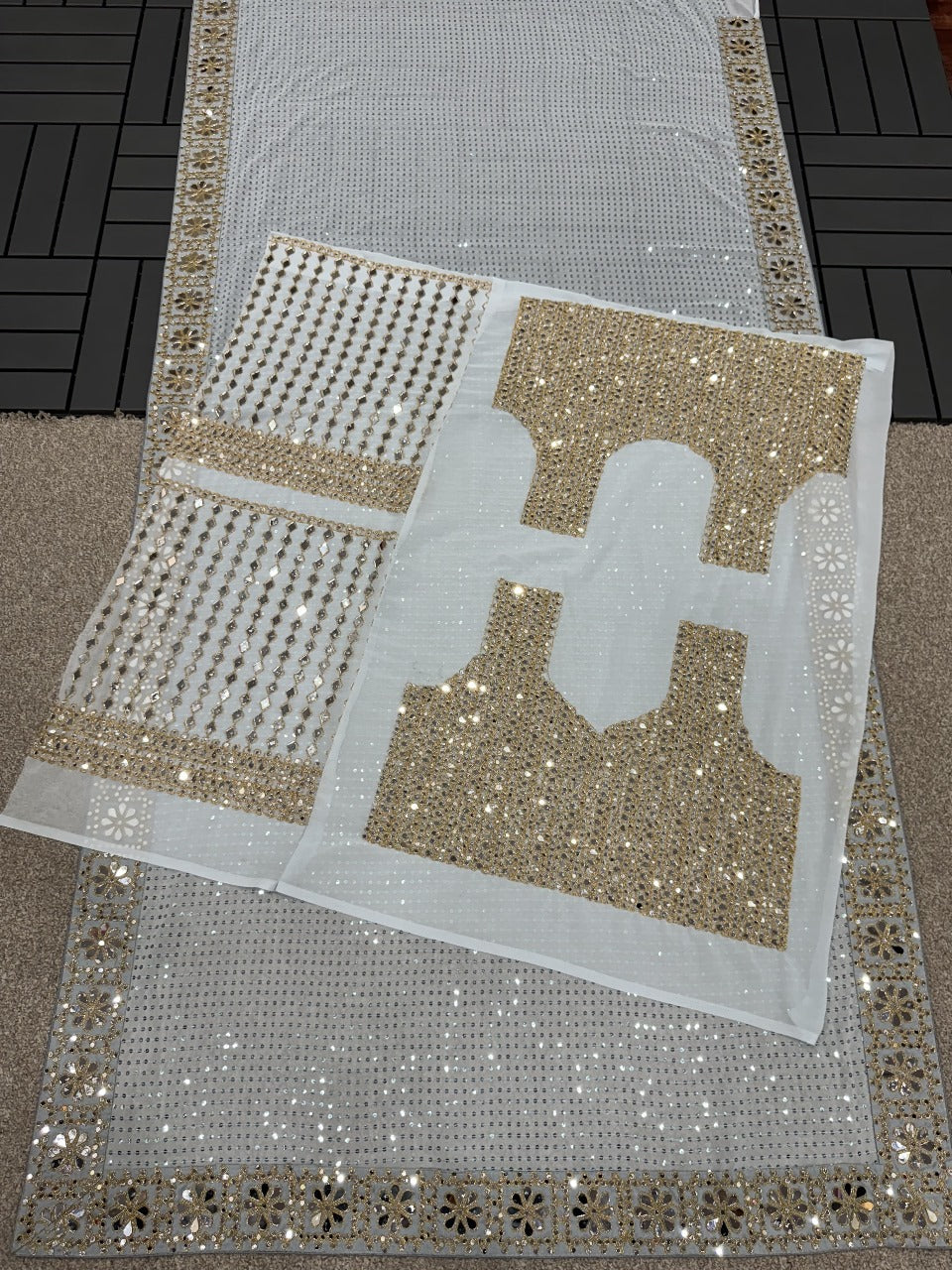 Powder Blue Georgette Saree With Embroidered Mirror Blouse