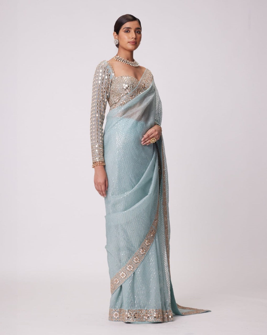 Powder Blue Georgette Saree With Embroidered Mirror Blouse