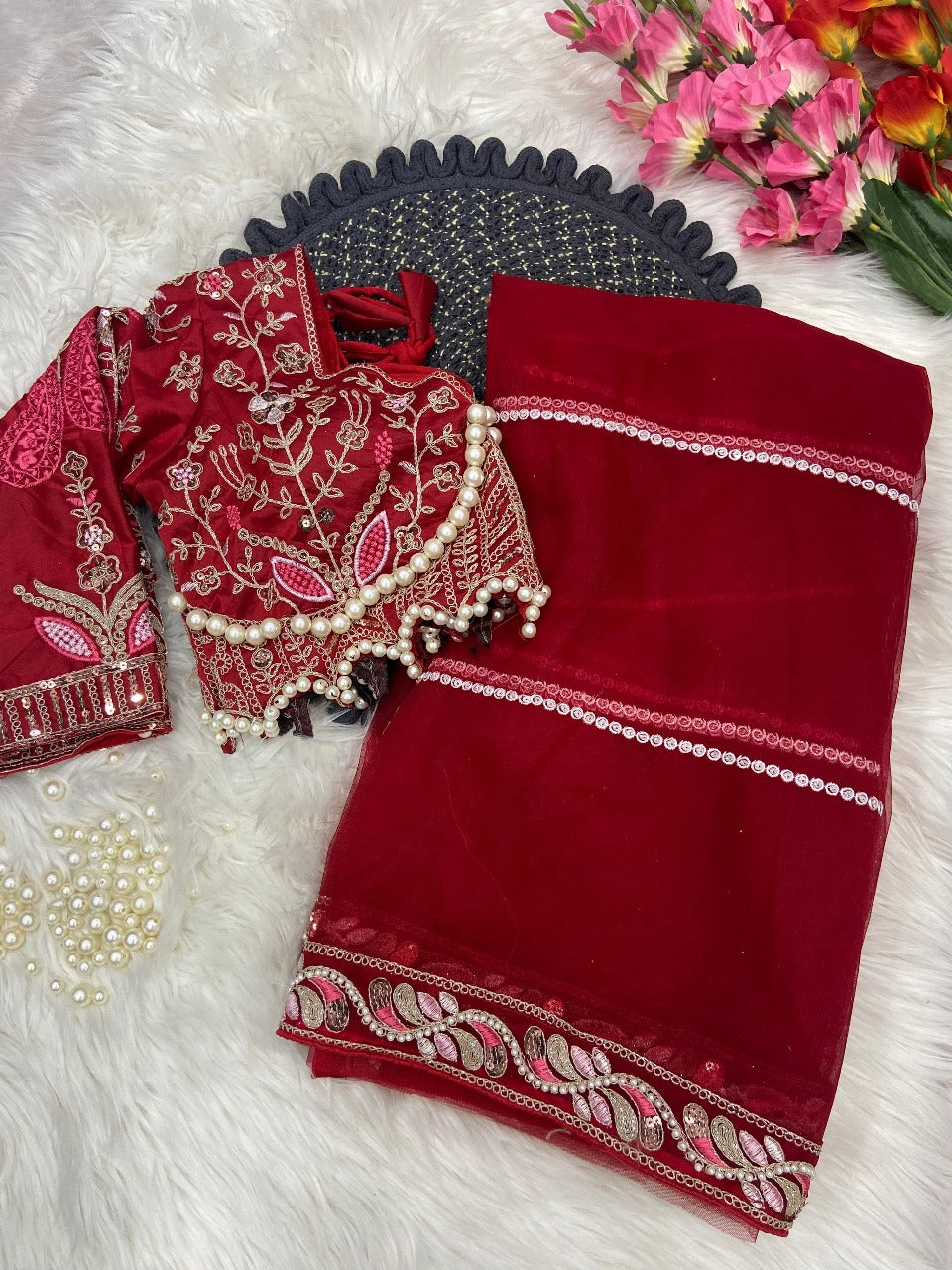 Premium Net Embellished With Beautiful Embroidery Heavy Hand Diamond Work Saree