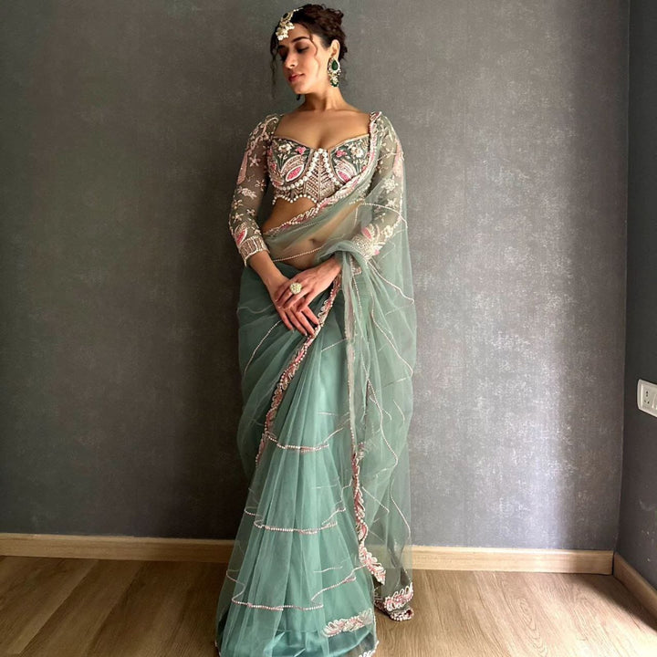 Premium Net Embellished With Beautiful Embroidery Heavy Hand Diamond Work Saree
