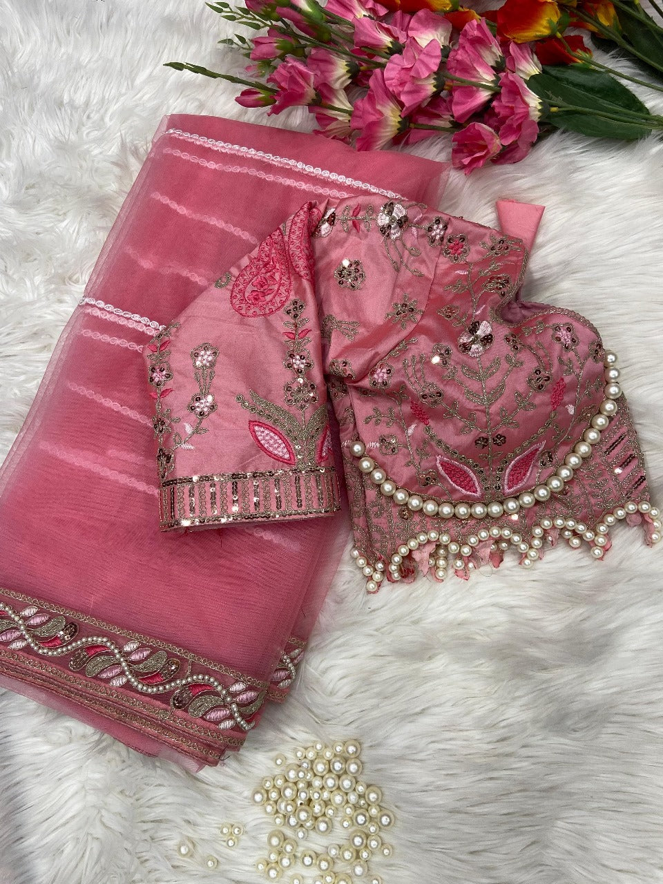 Premium Net Embellished With Beautiful Embroidery Heavy Hand Diamond Work Saree