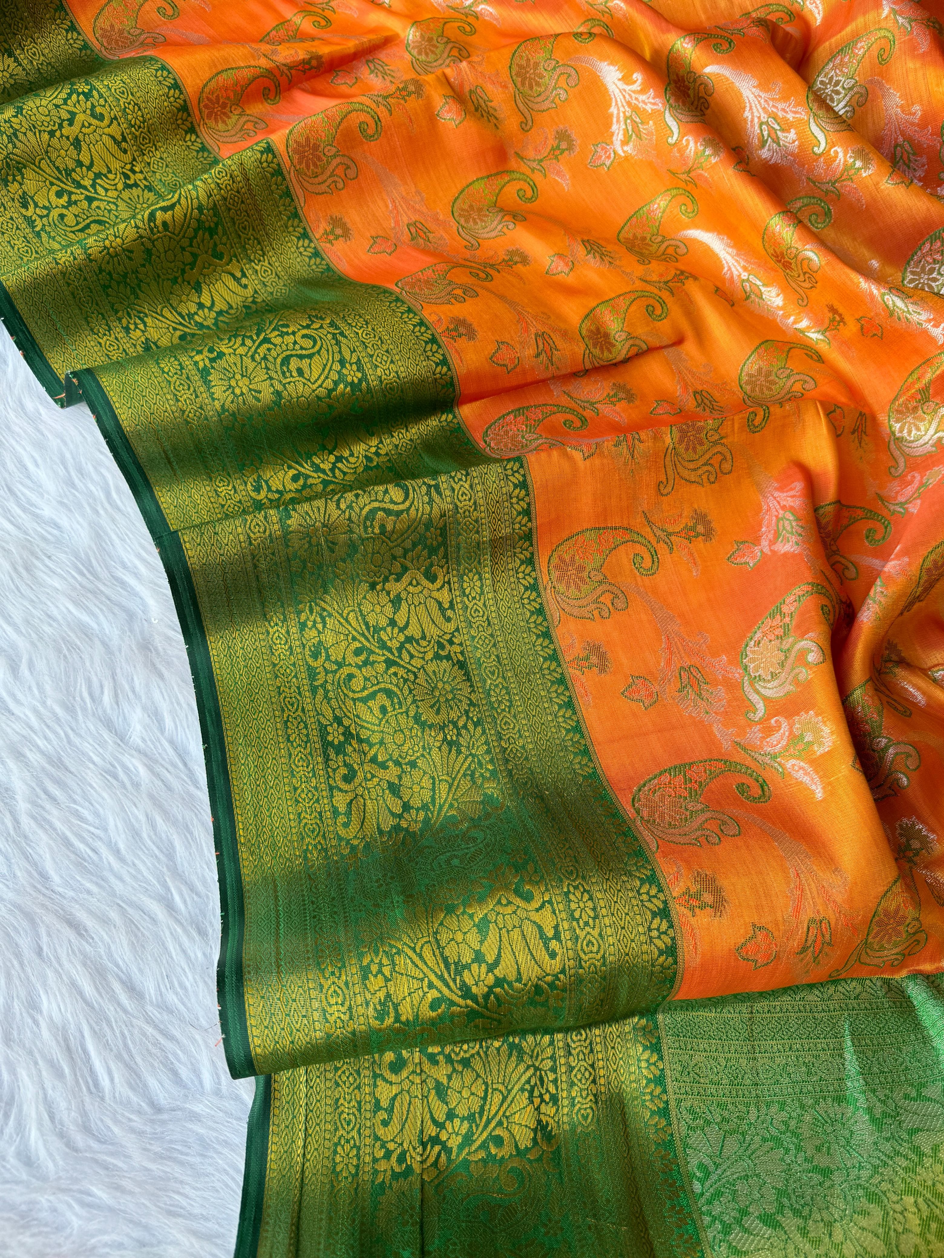 Pumpkin Orange Dharmavaram Soft Banarsi Tissue Saree