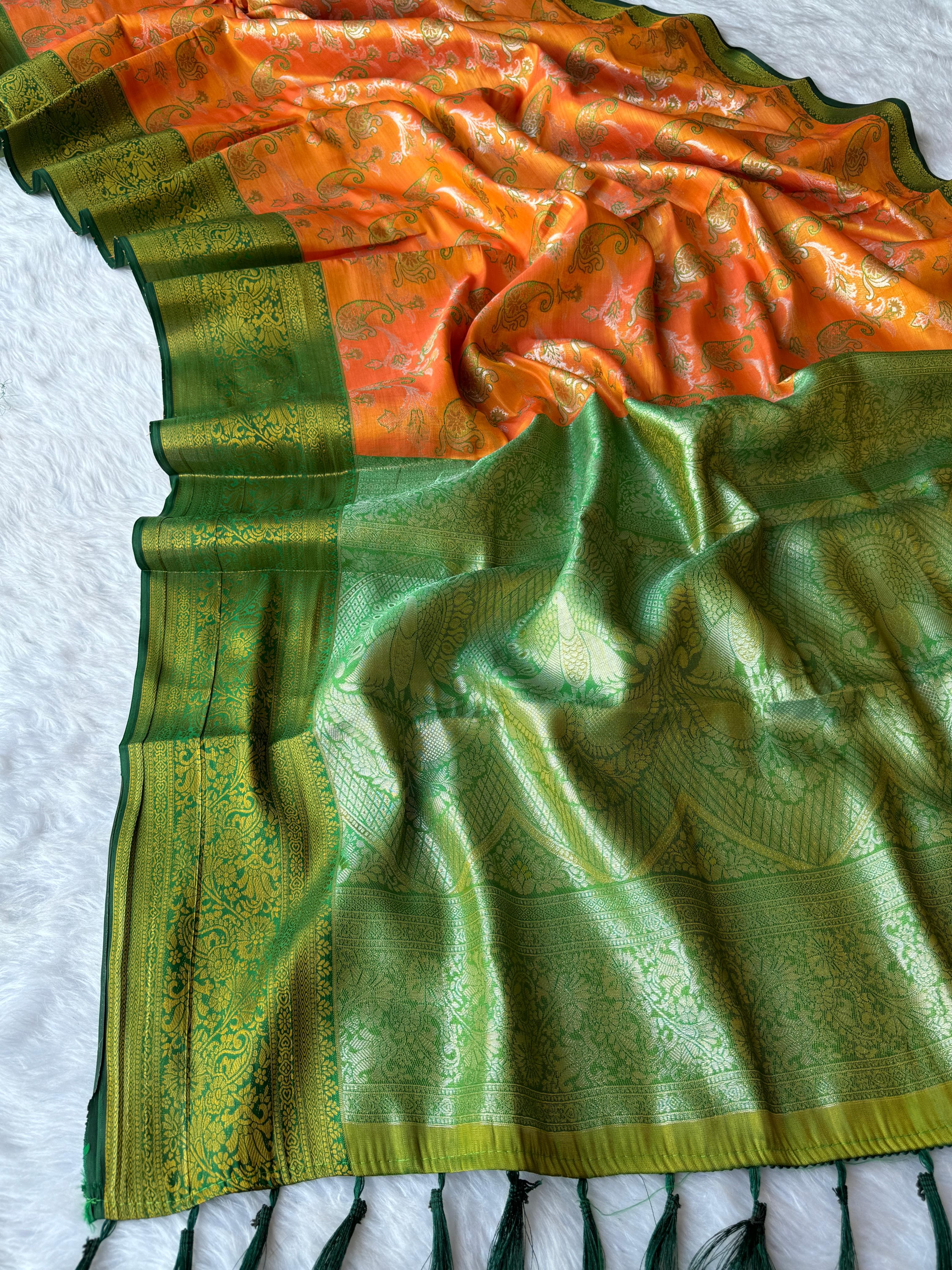 Pumpkin Orange Dharmavaram Soft Banarsi Tissue Saree