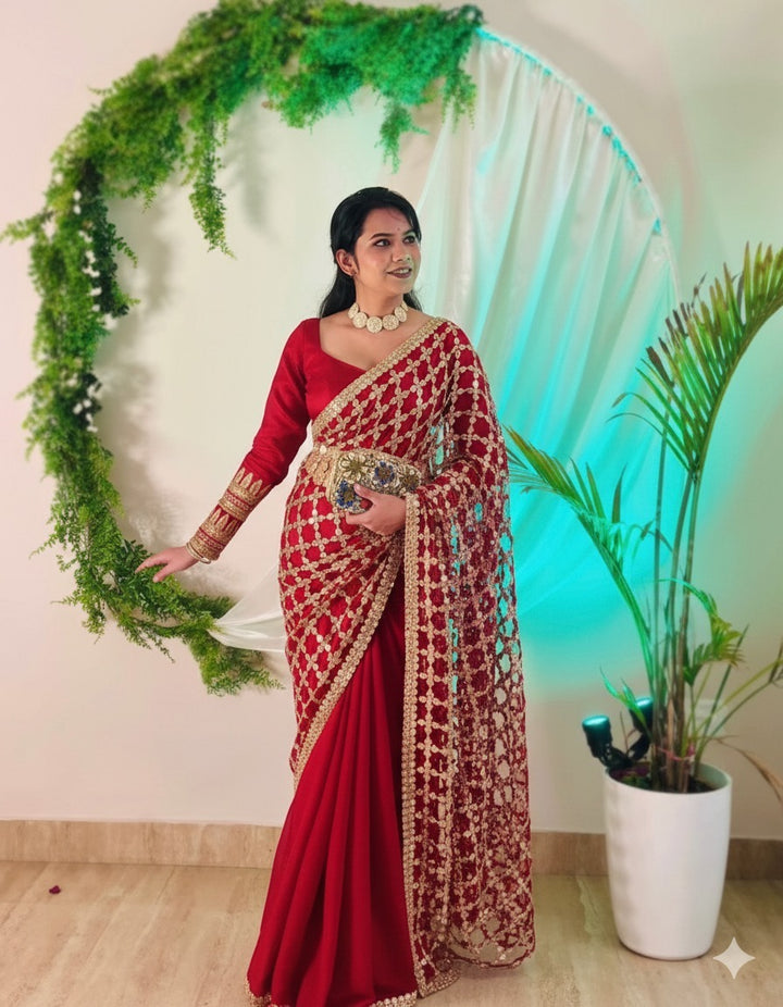 Pure-Soft-Fandy-Satin-Silk-Saree-With-Real-Mirror-Work-Lace-Border