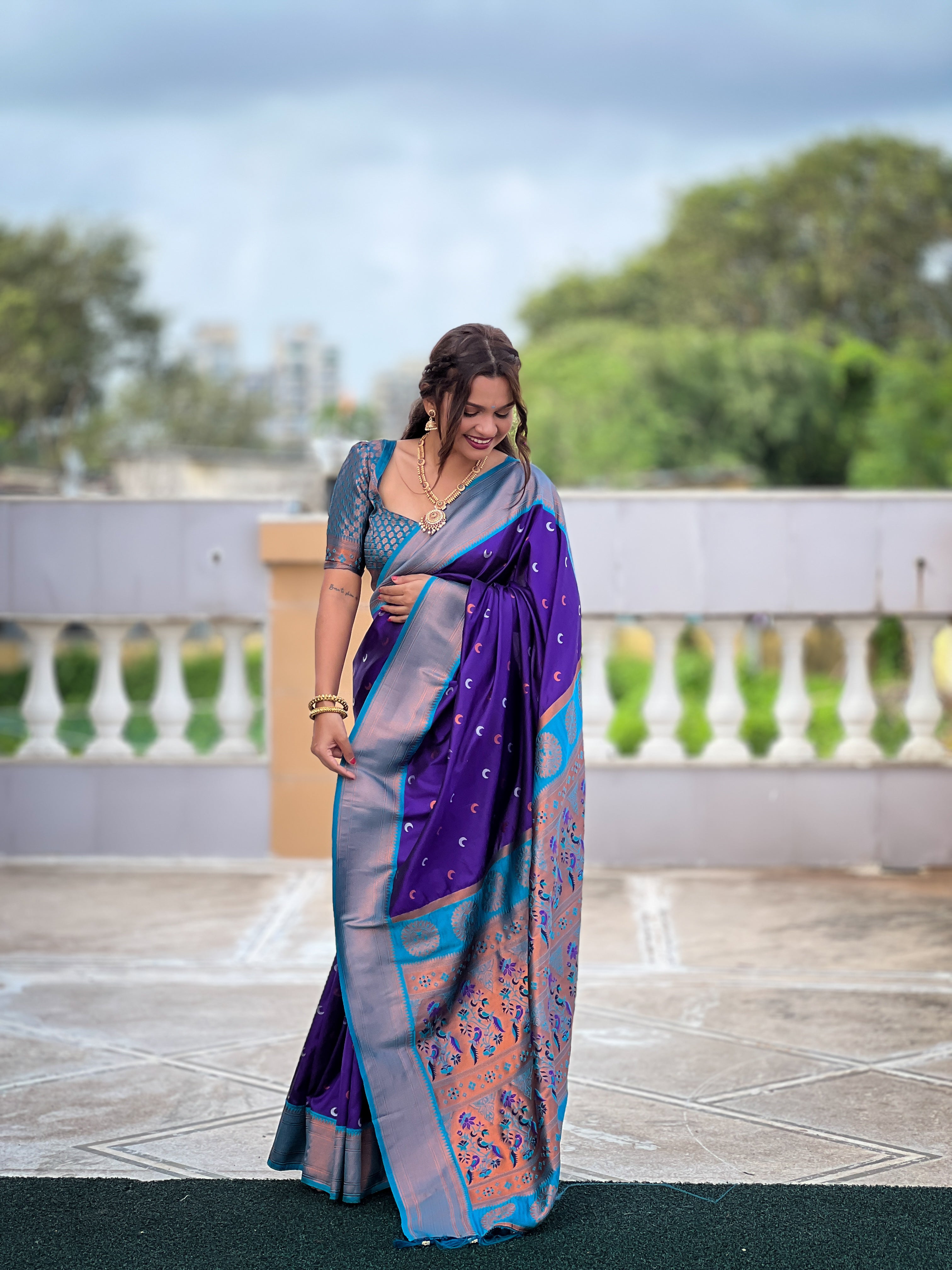 Purple Paithani Silk Saree With Meenakari Moon Design