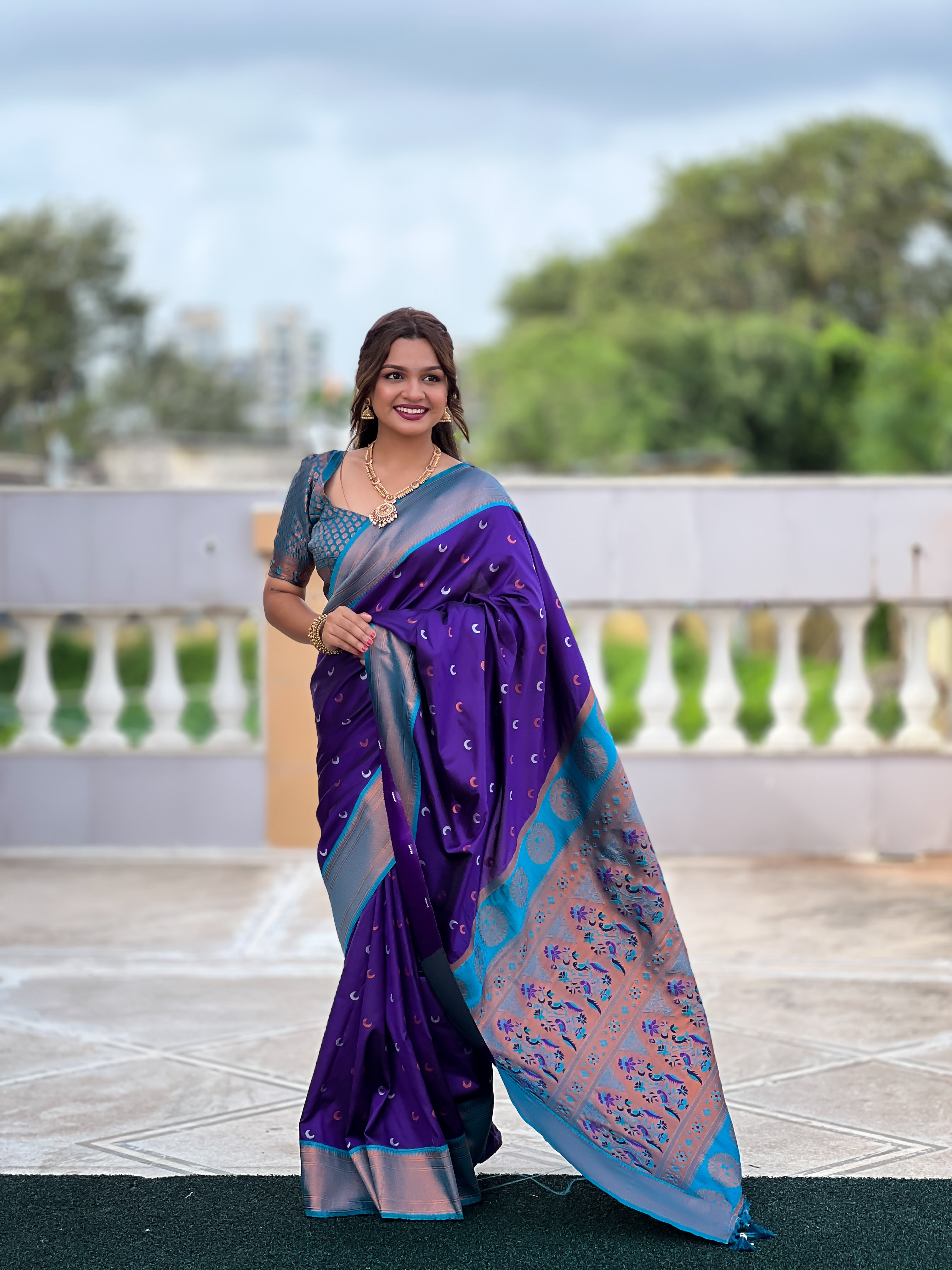 Purple Paithani Silk Saree With Meenakari Moon Design
