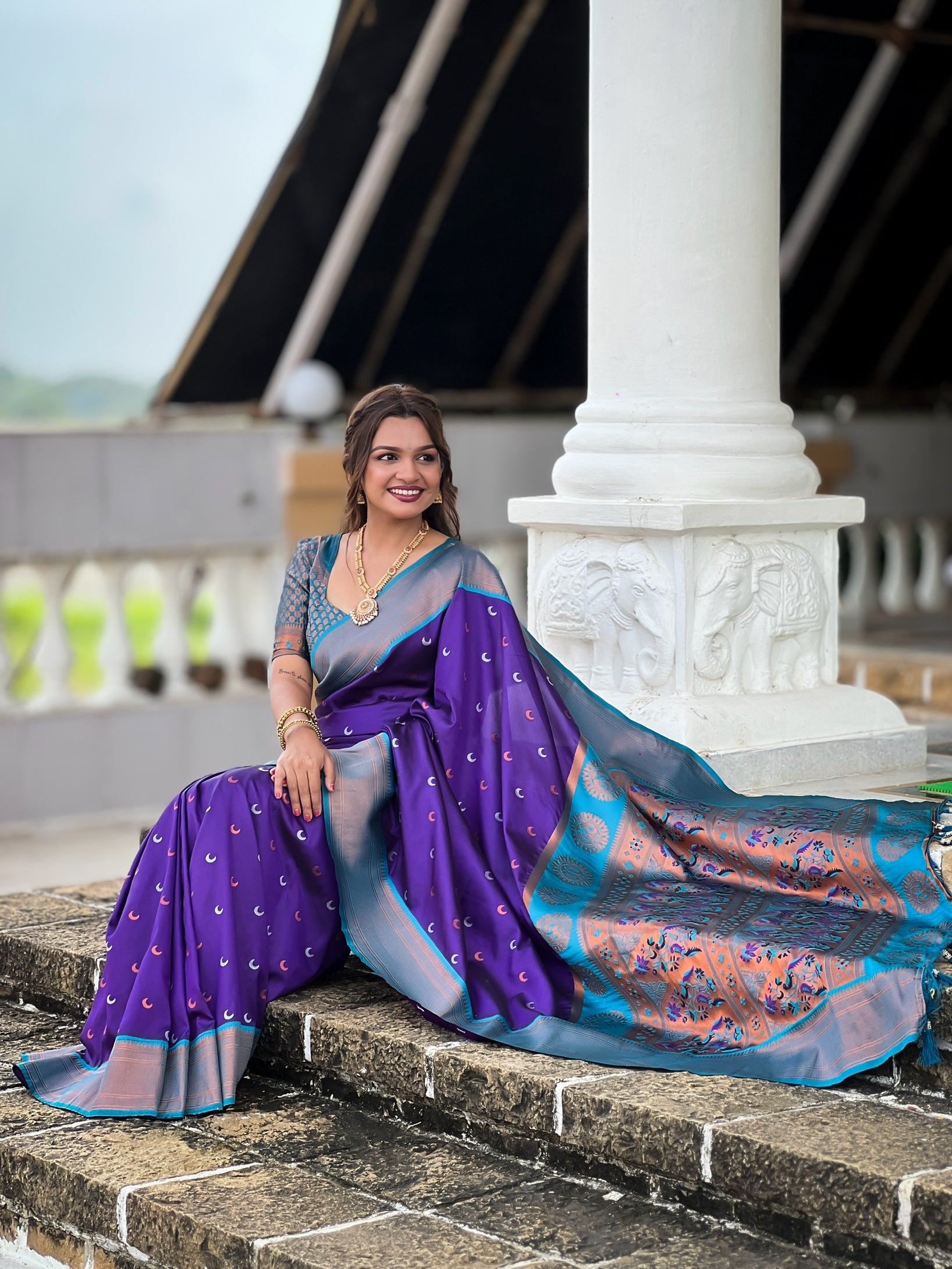 Purple Paithani Silk Saree With Meenakari Moon Design