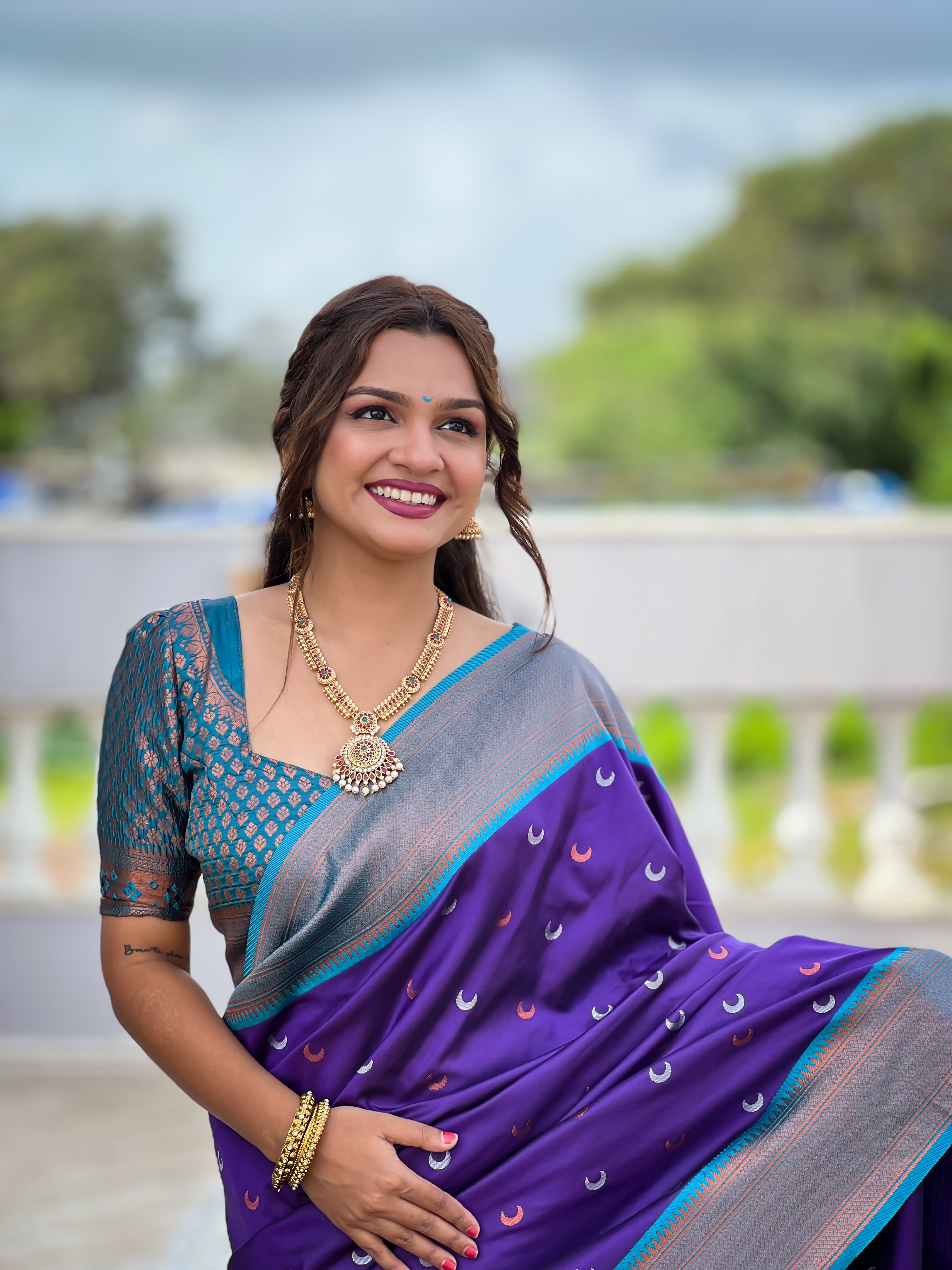 Purple Paithani Silk Saree With Meenakari Moon Design