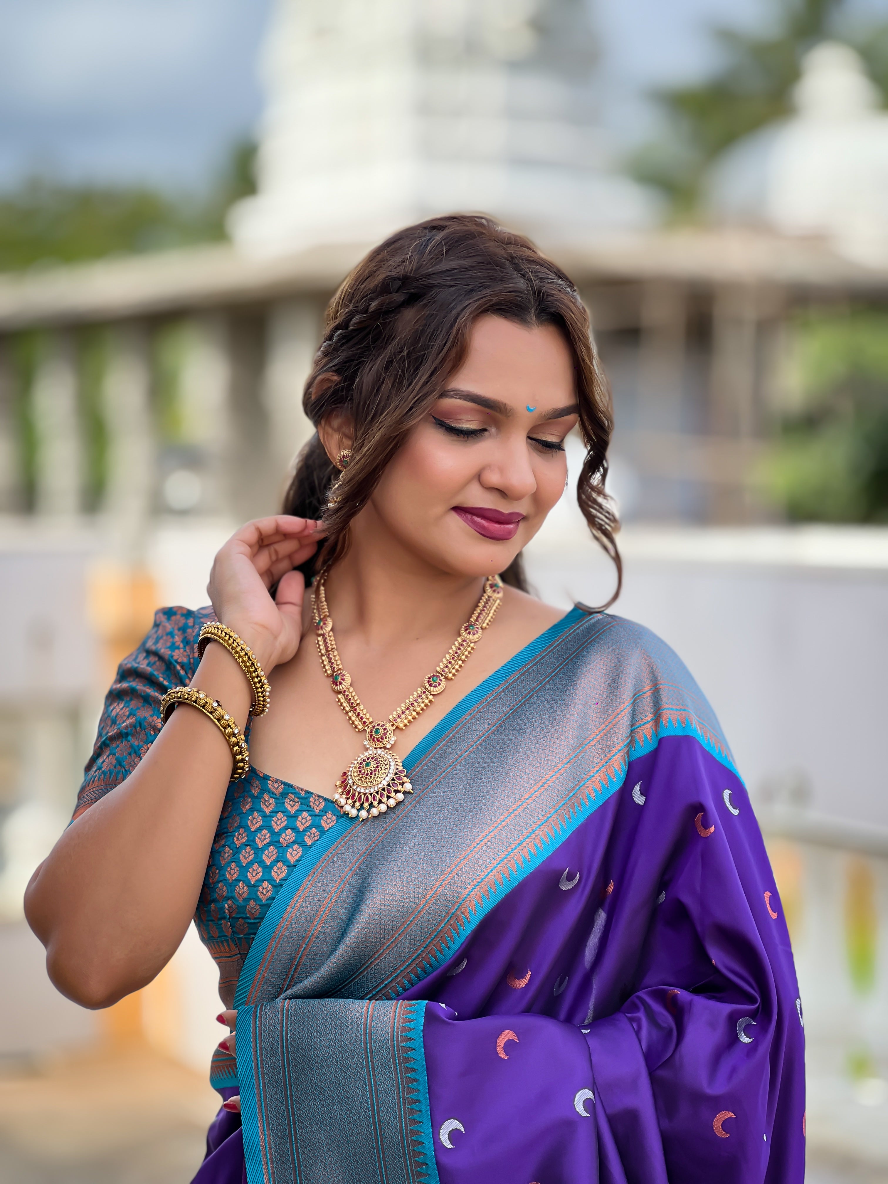 Purple Paithani Silk Saree With Meenakari Moon Design