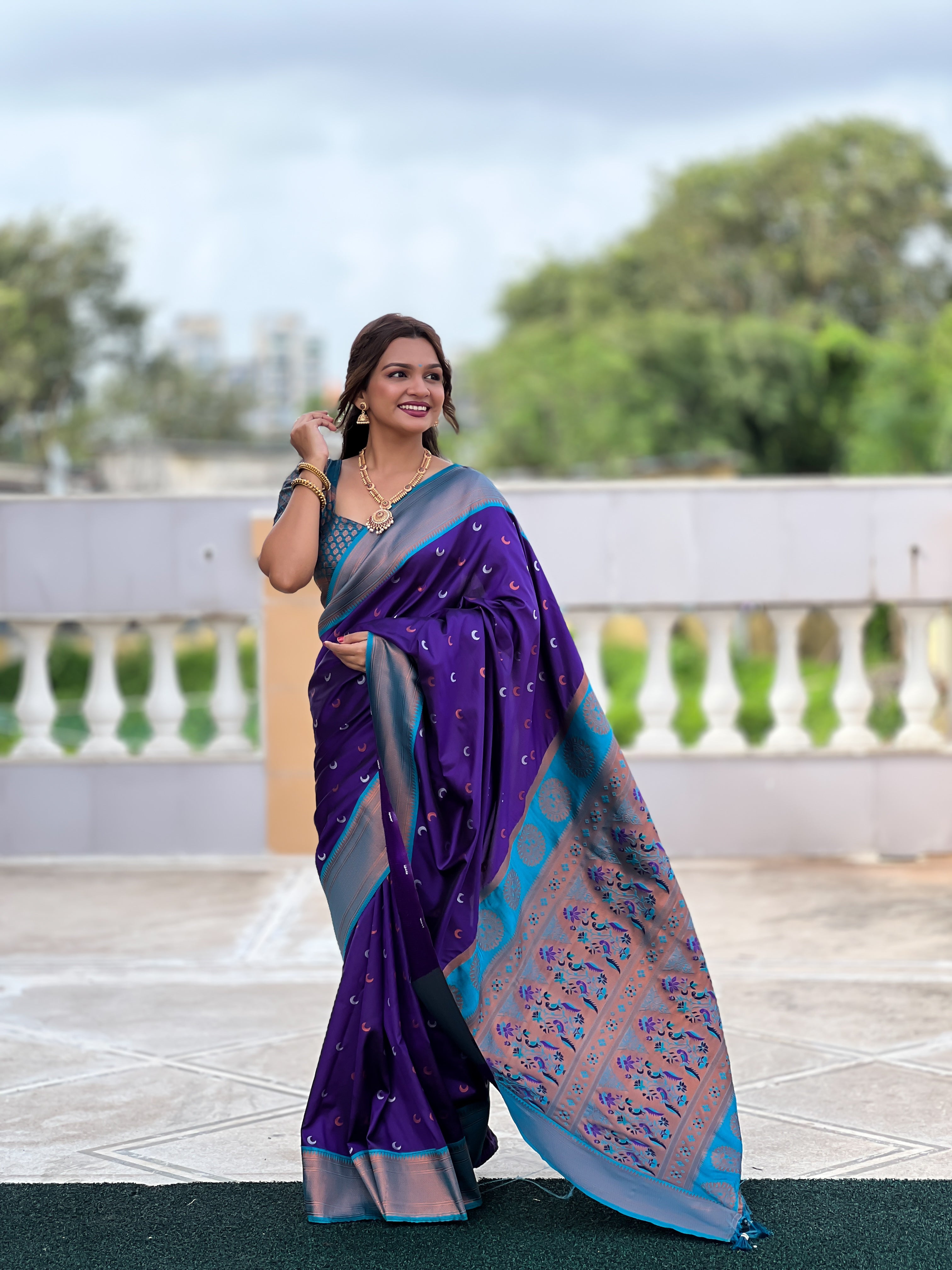 Purple Paithani Silk Saree With Meenakari Moon Design