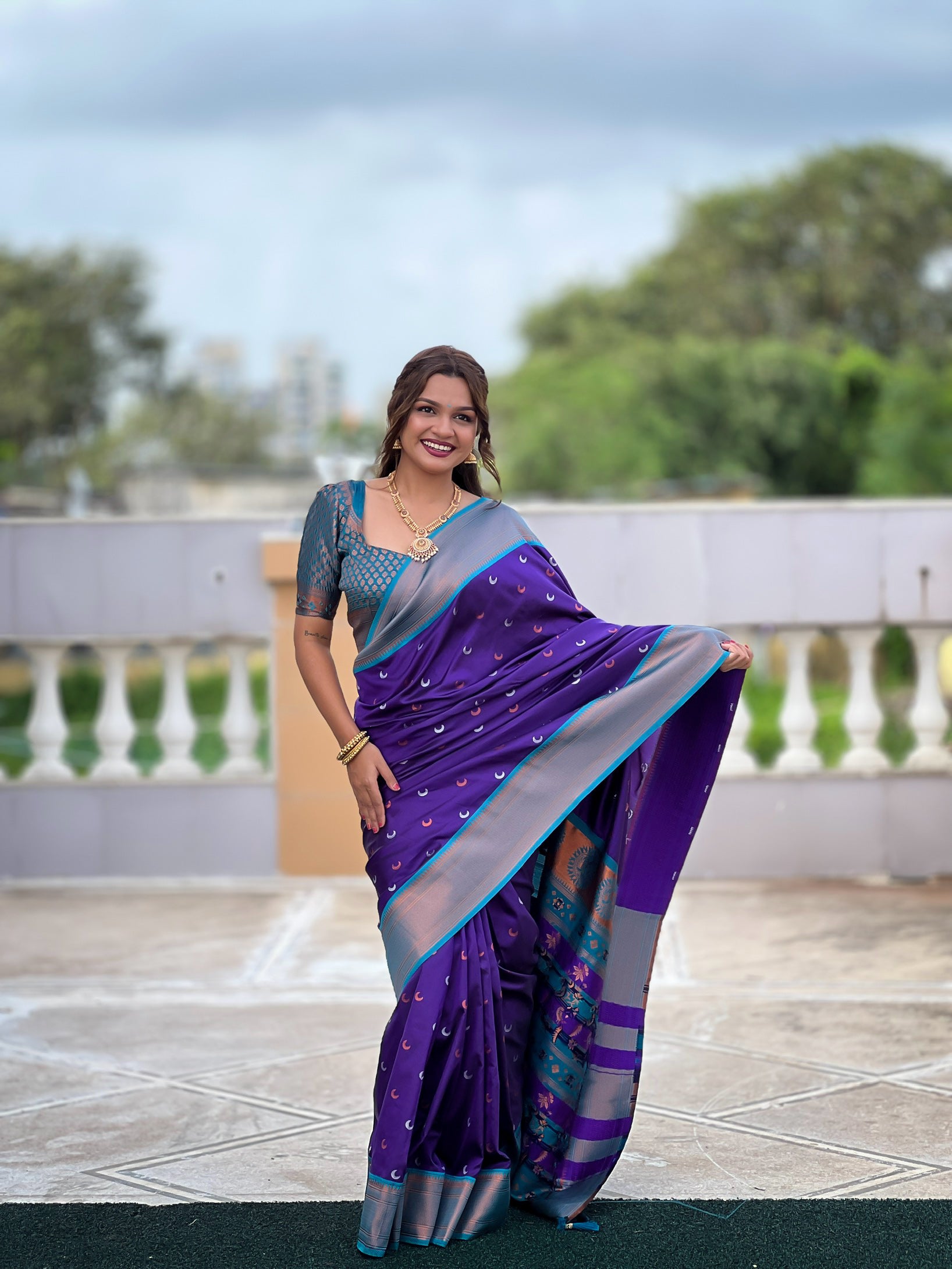 Purple Paithani Silk Saree With Meenakari Moon Design