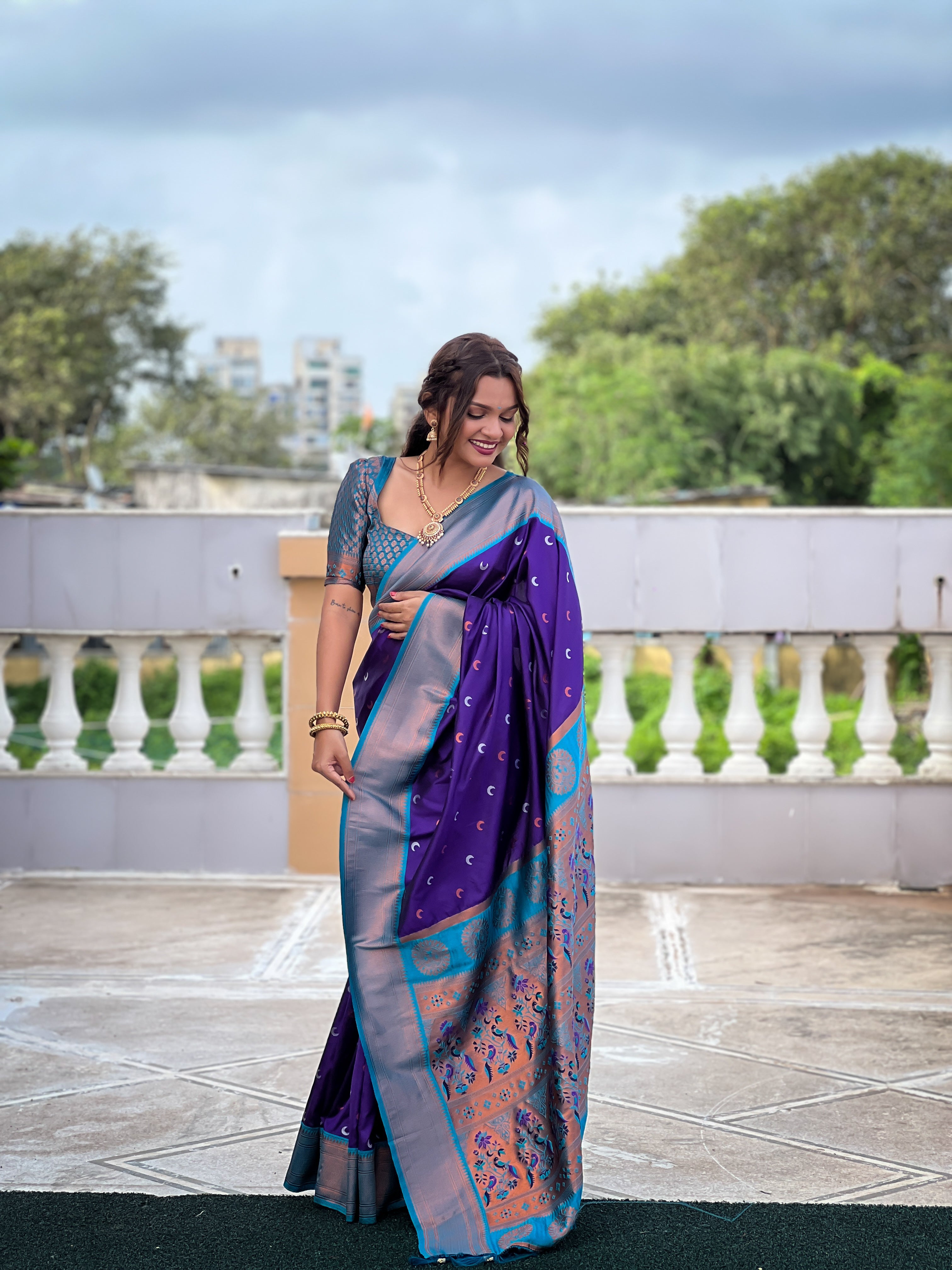 Purple Paithani Silk Saree With Meenakari Moon Design