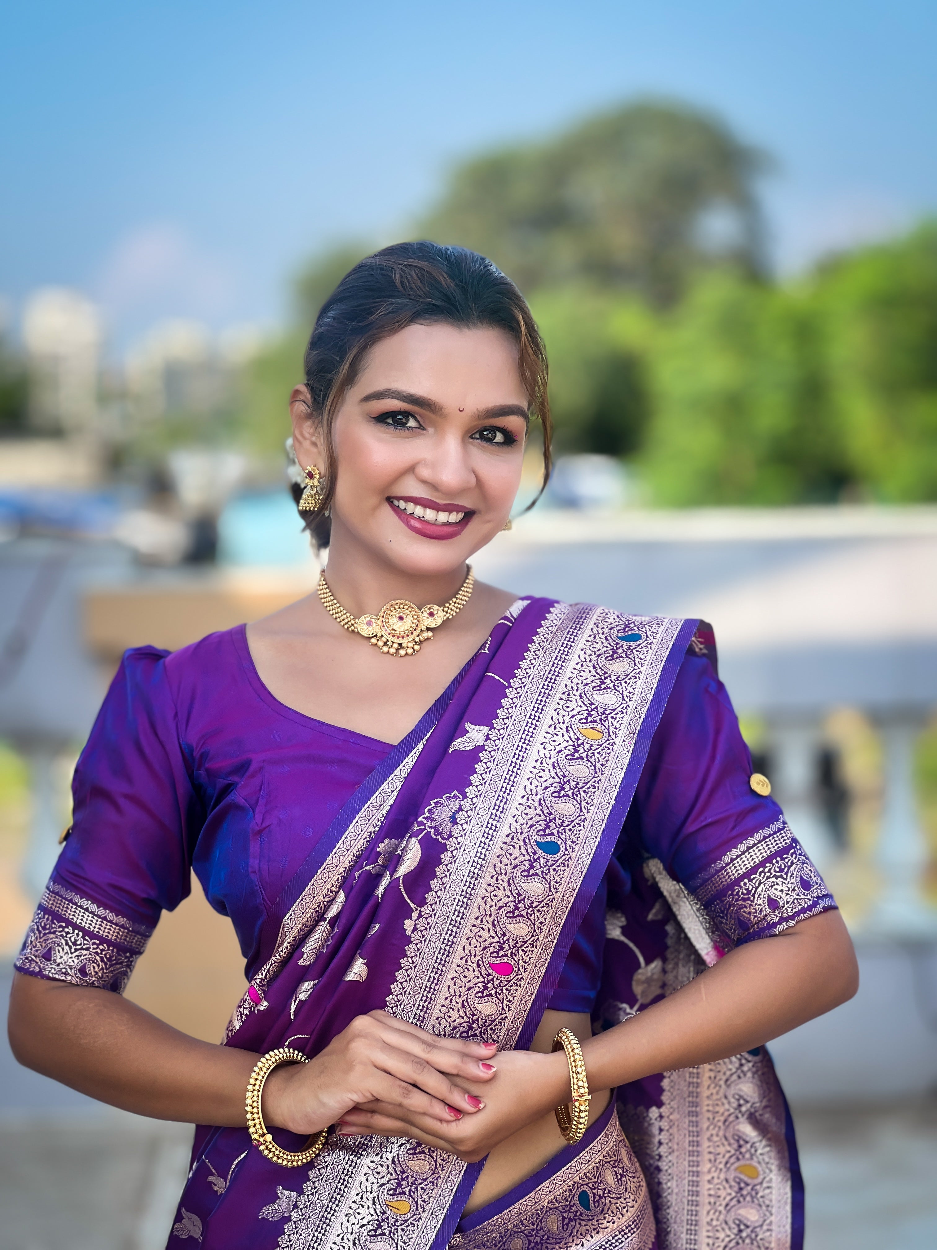 Purple Zari Embroidered Banarasi Silk Saree