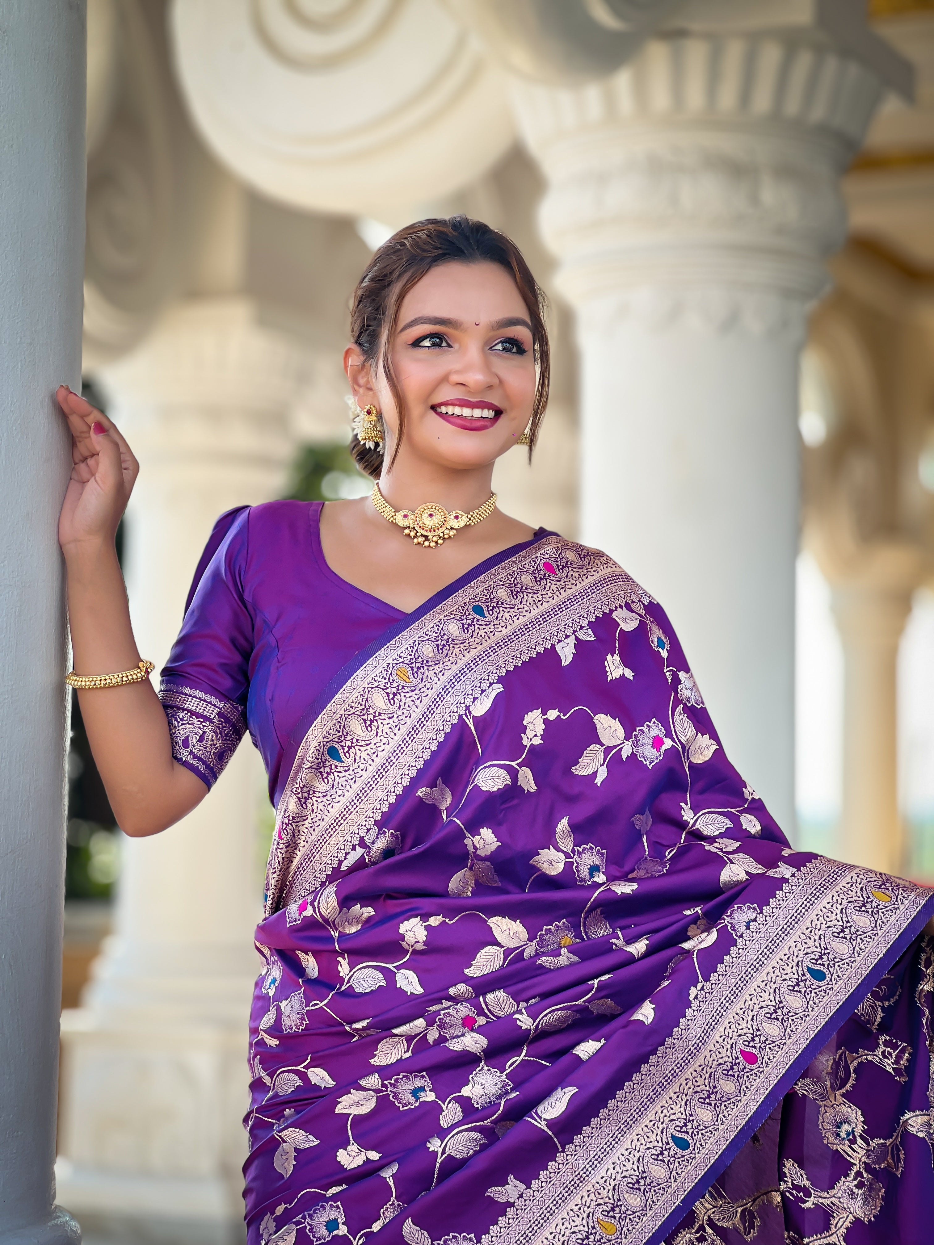 Purple Zari Embroidered Banarasi Silk Saree