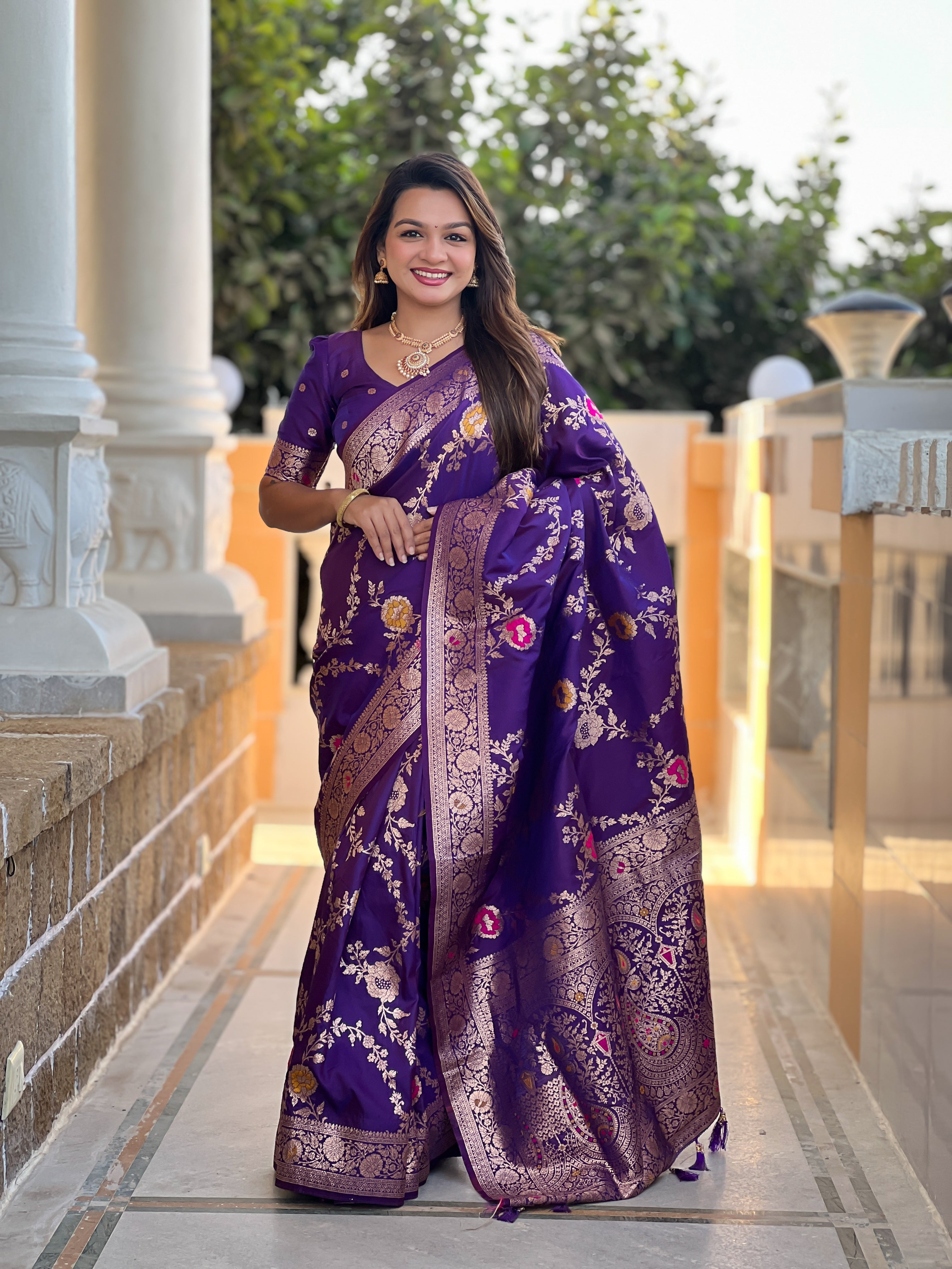 Purple Haze Soft Banarasi Silk Saree with Zari Weaving Meenakari Touchup Design