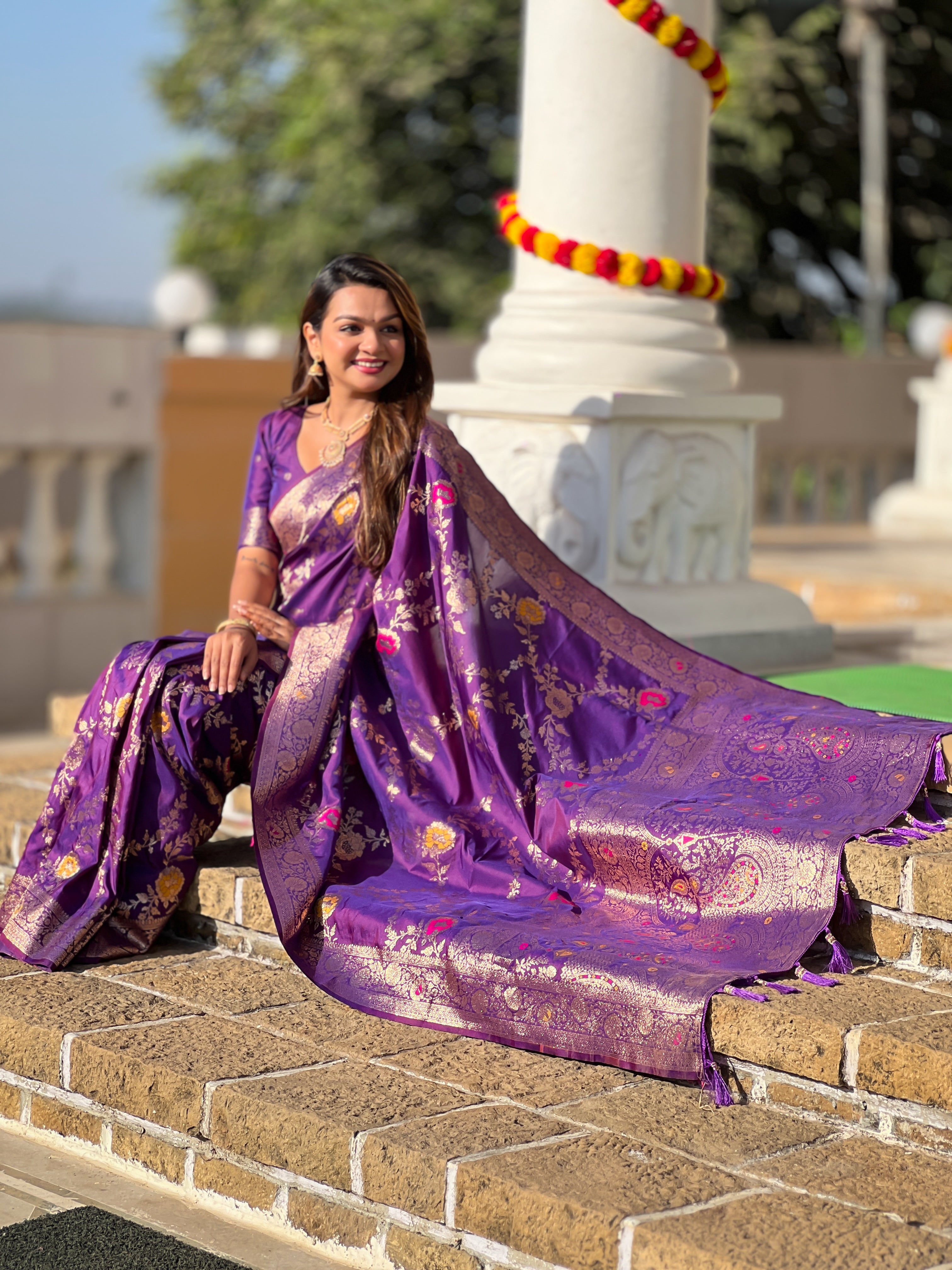Purple Haze Soft Banarasi Silk Saree with Zari Weaving Meenakari Touchup Design
