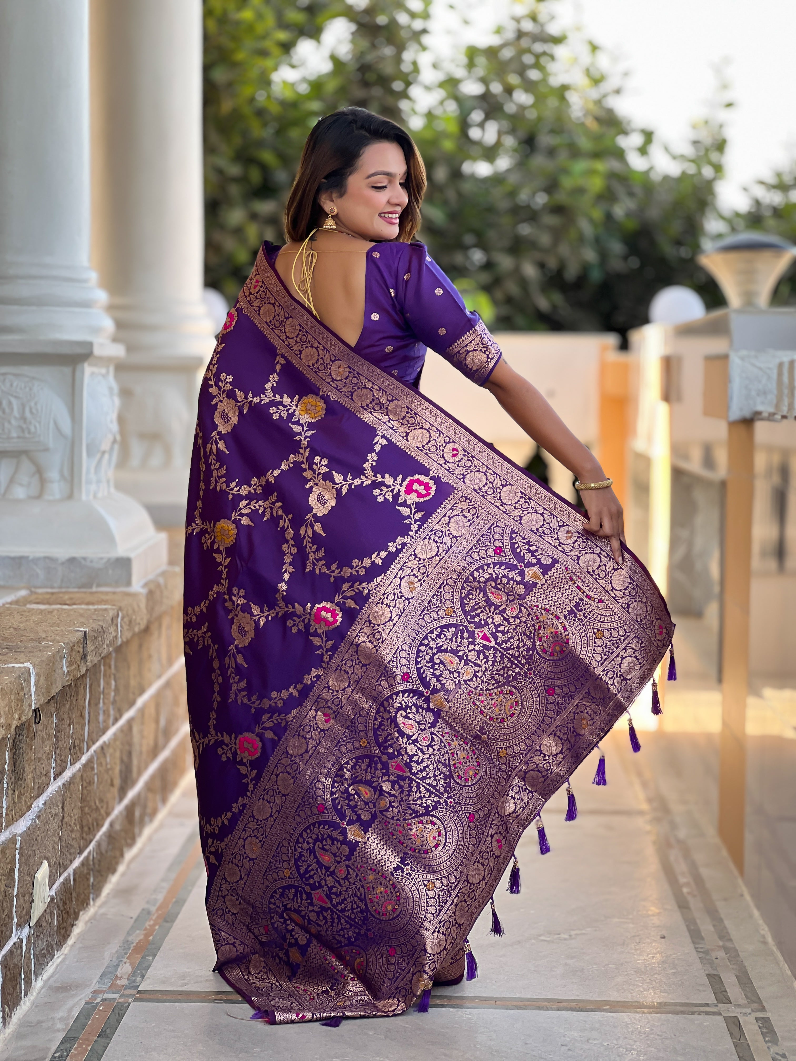 Purple Haze Soft Banarasi Silk Saree with Zari Weaving Meenakari Touchup Design