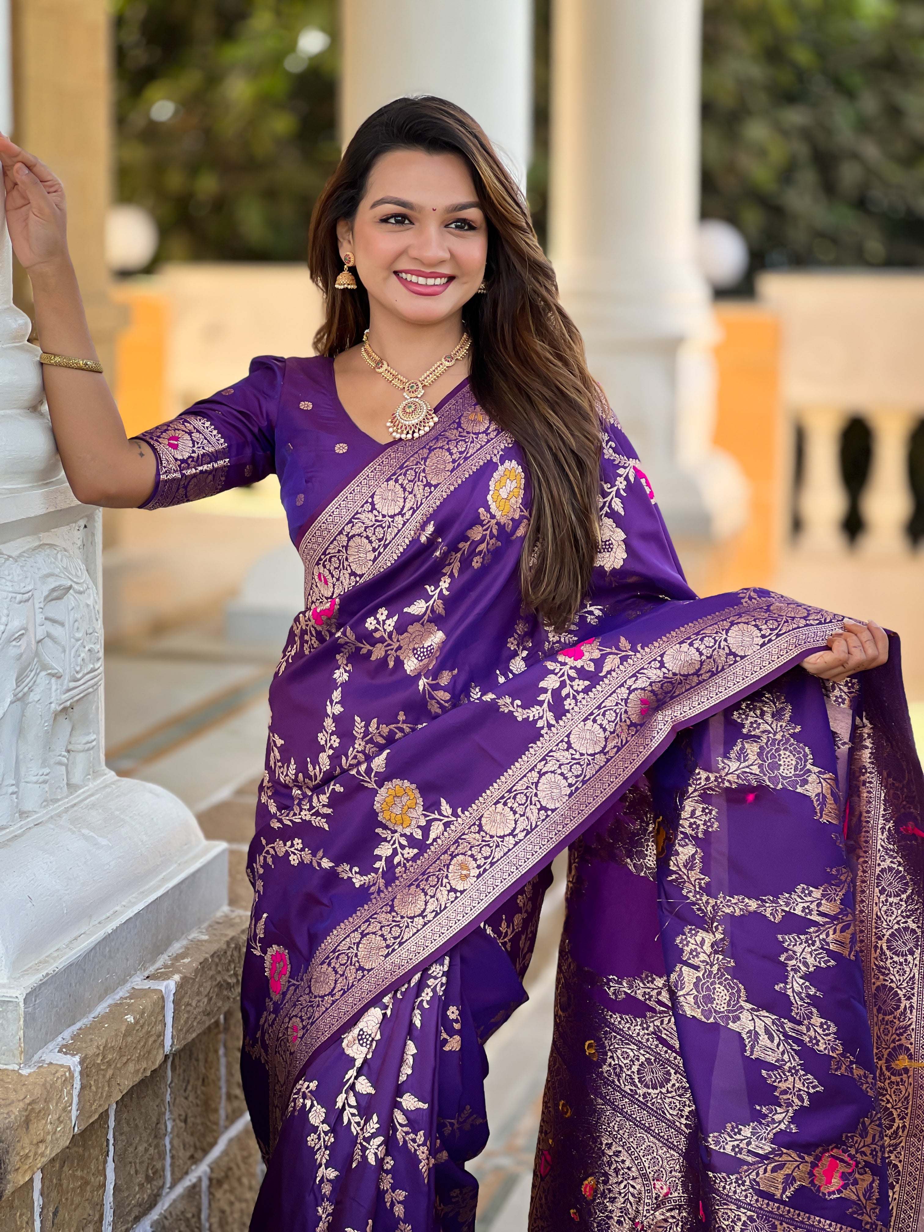 Purple Haze Soft Banarasi Silk Saree with Zari Weaving Meenakari Touchup Design
