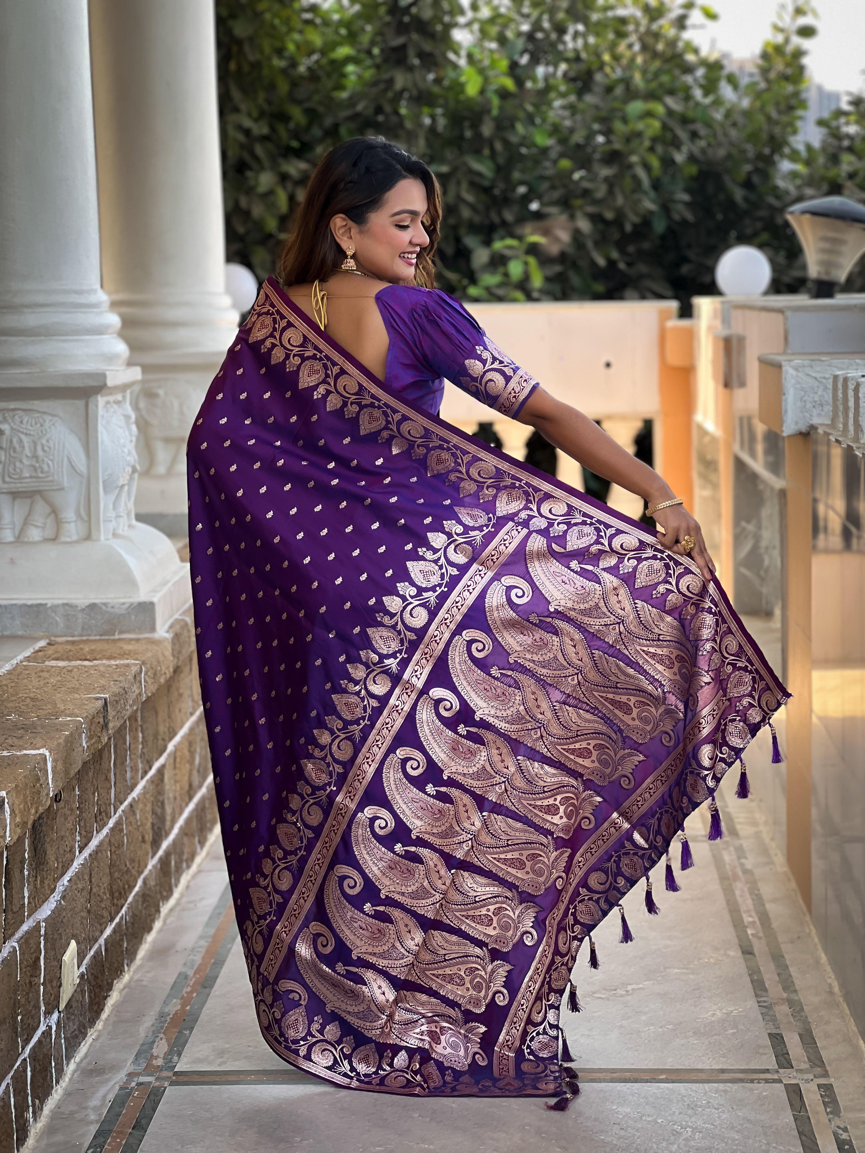 Purple Soft Banarasi Silk Blend Saree With Zari Weaving