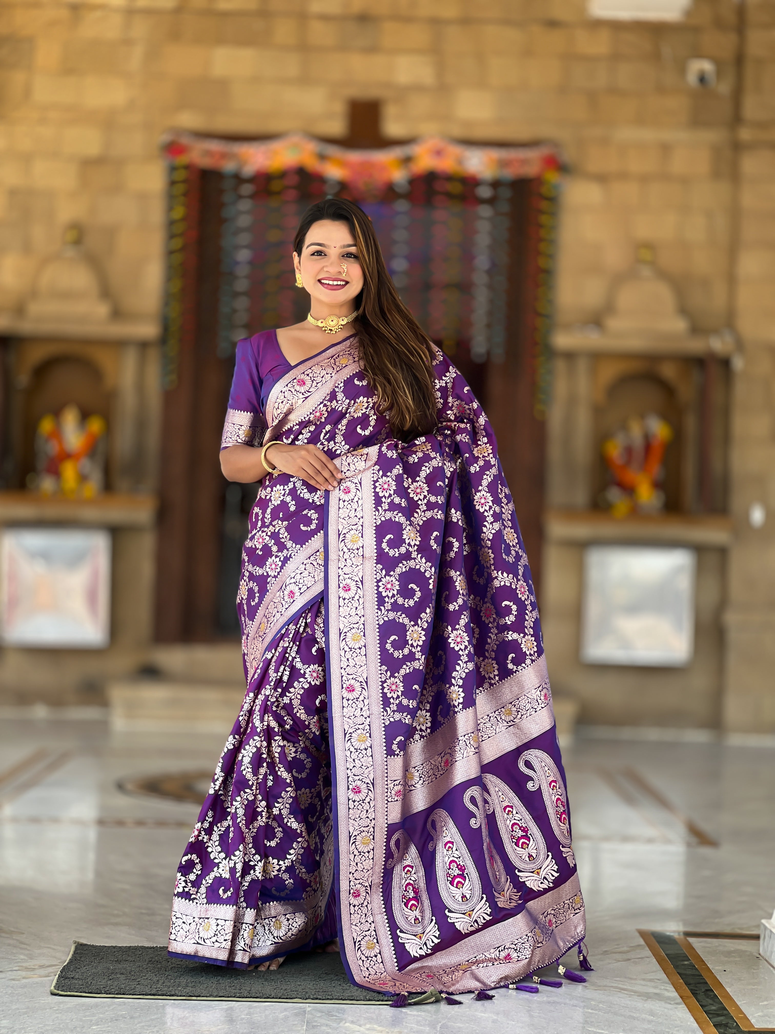 Purple Soft Banarasi Silk Saree with Zari Weaving Meenakari